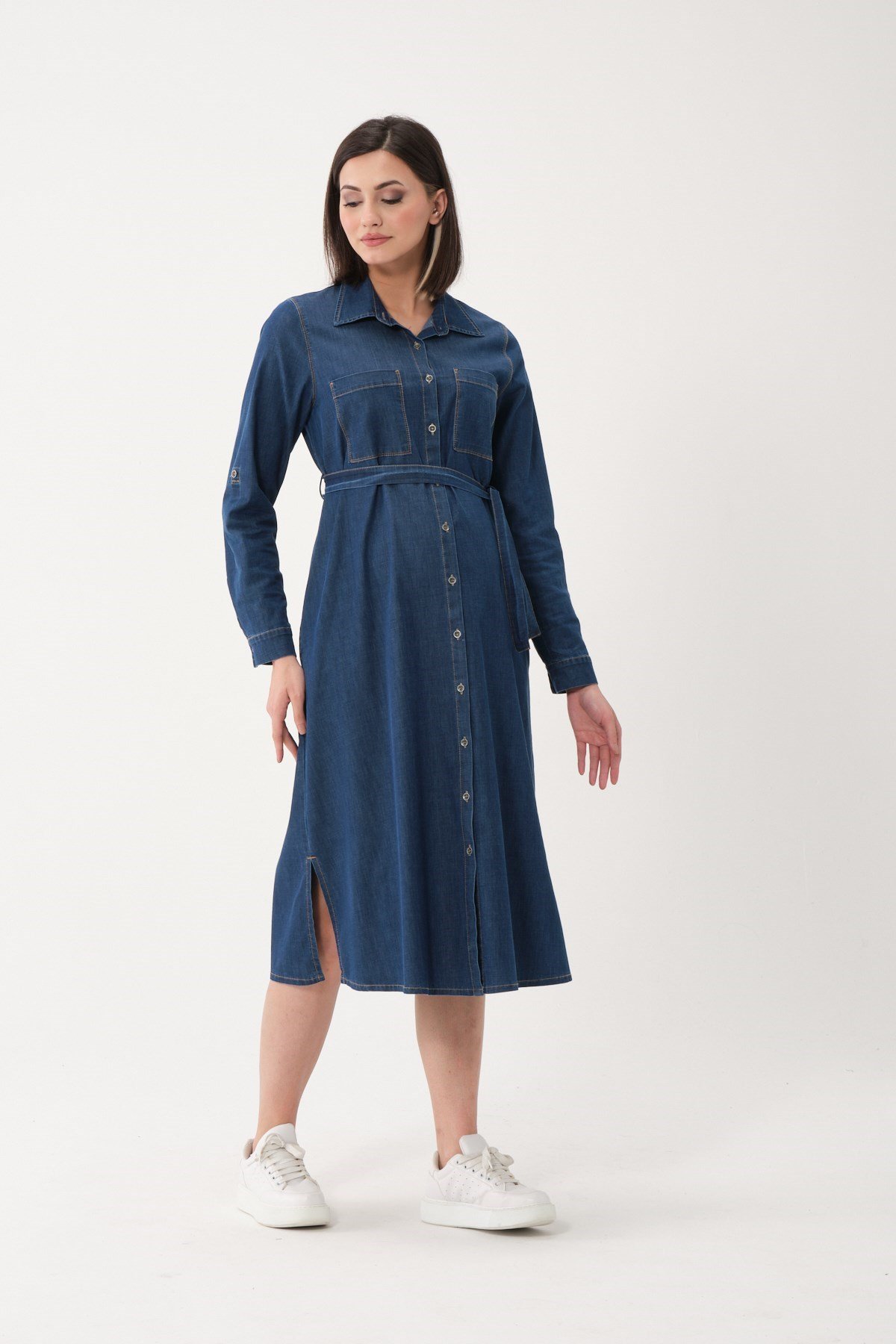 Busa Hamile Önden Cepli Ve Düğmeli Bel Kuşaklı Midi Boy Kot Elbise Mavi