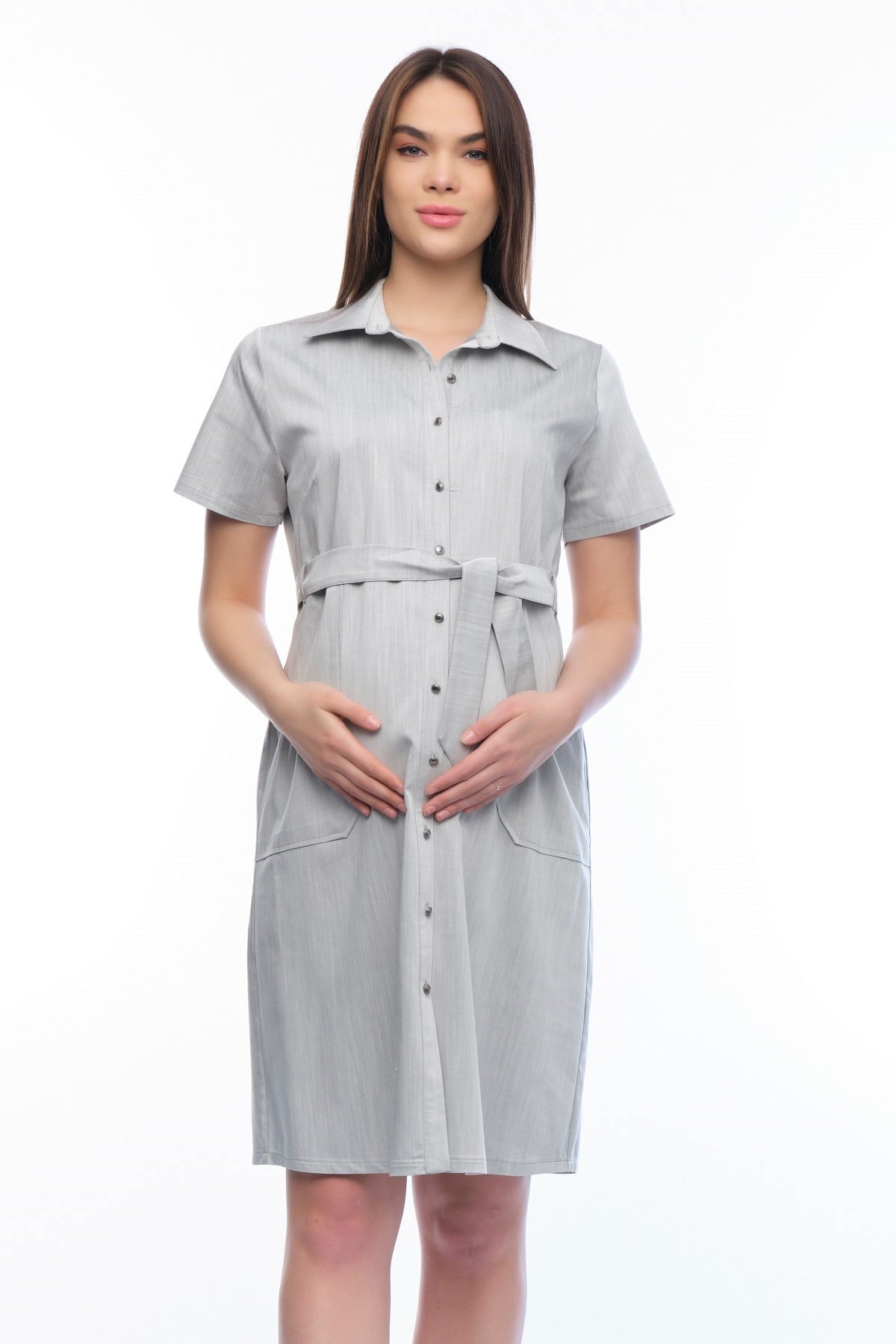 Busa Hamile Önden Düğmeli Cepli Günlük Elbise Açık Gri