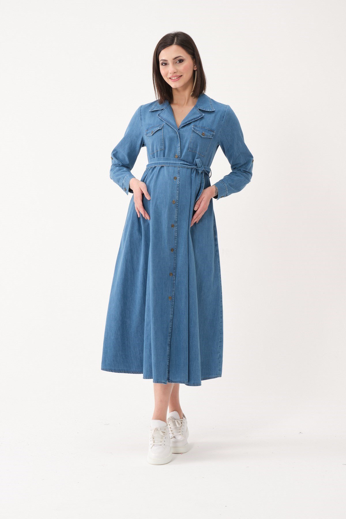 Busa Maternity Front Button Belted Midi Boy jeans Dress BLUE