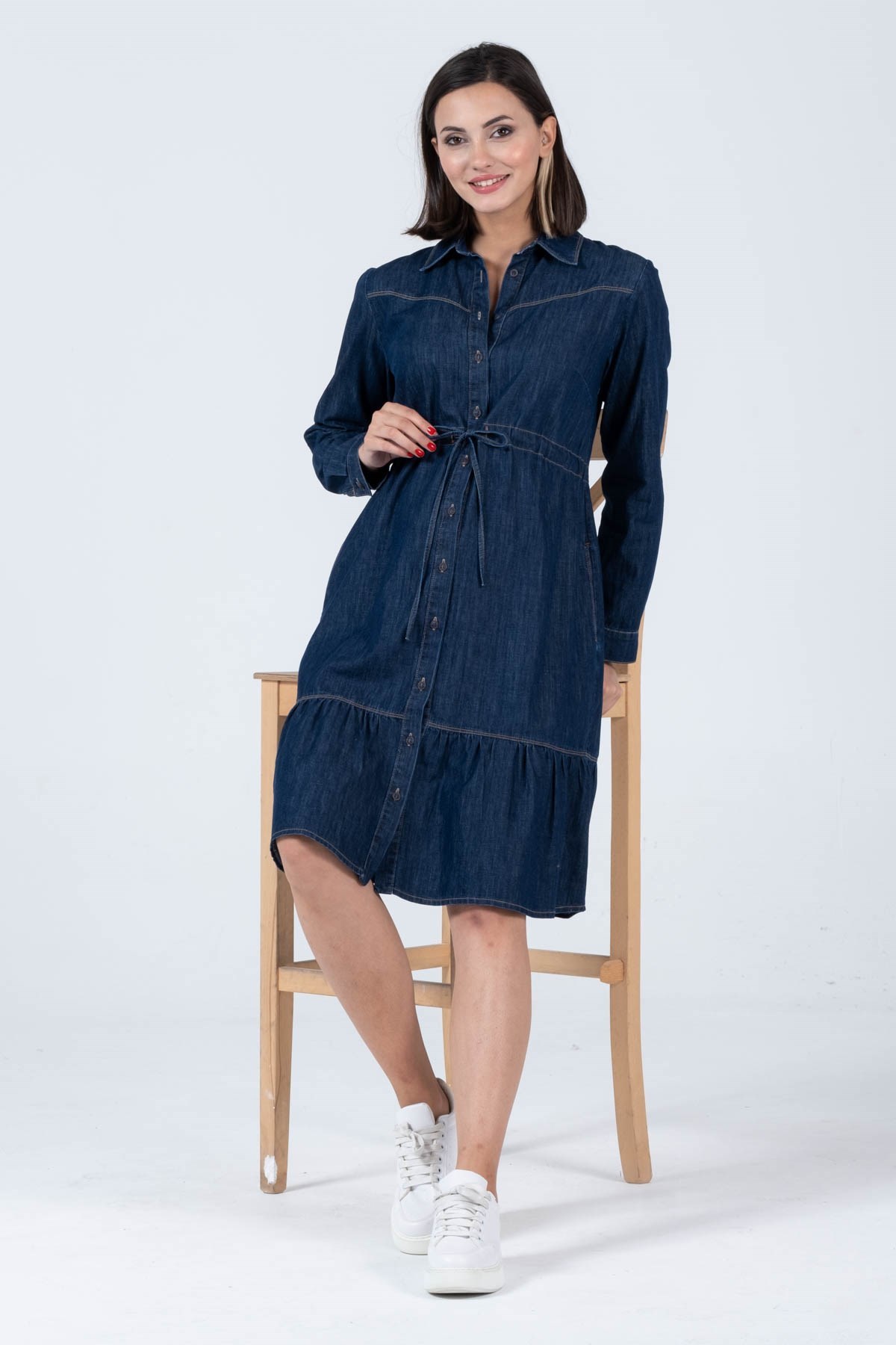 Busa Maternity Front Button on the Siden with pockets jeans Dress Navy BLUE