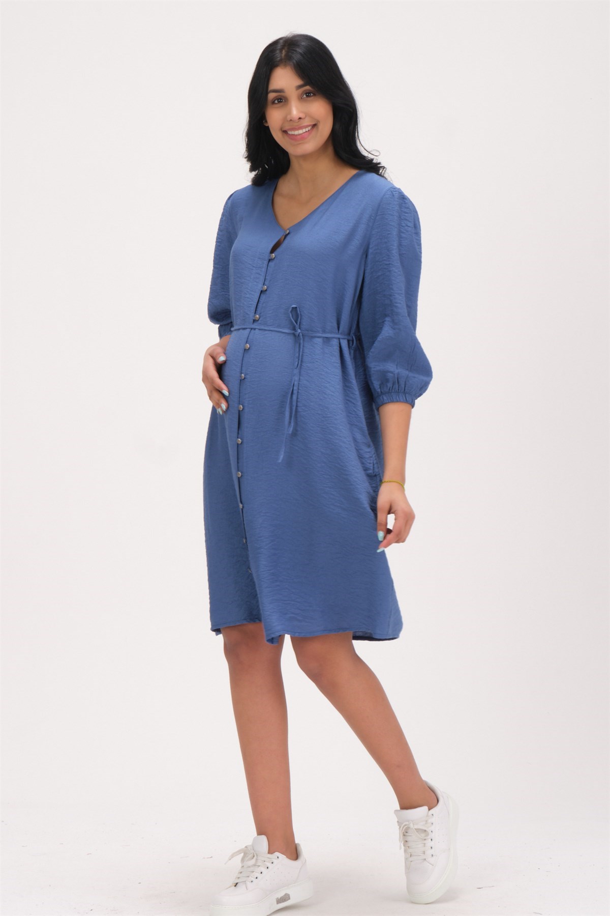 Busa Maternity V Collar on the Siden with pockets Sleeveu Elastic Dress indigo