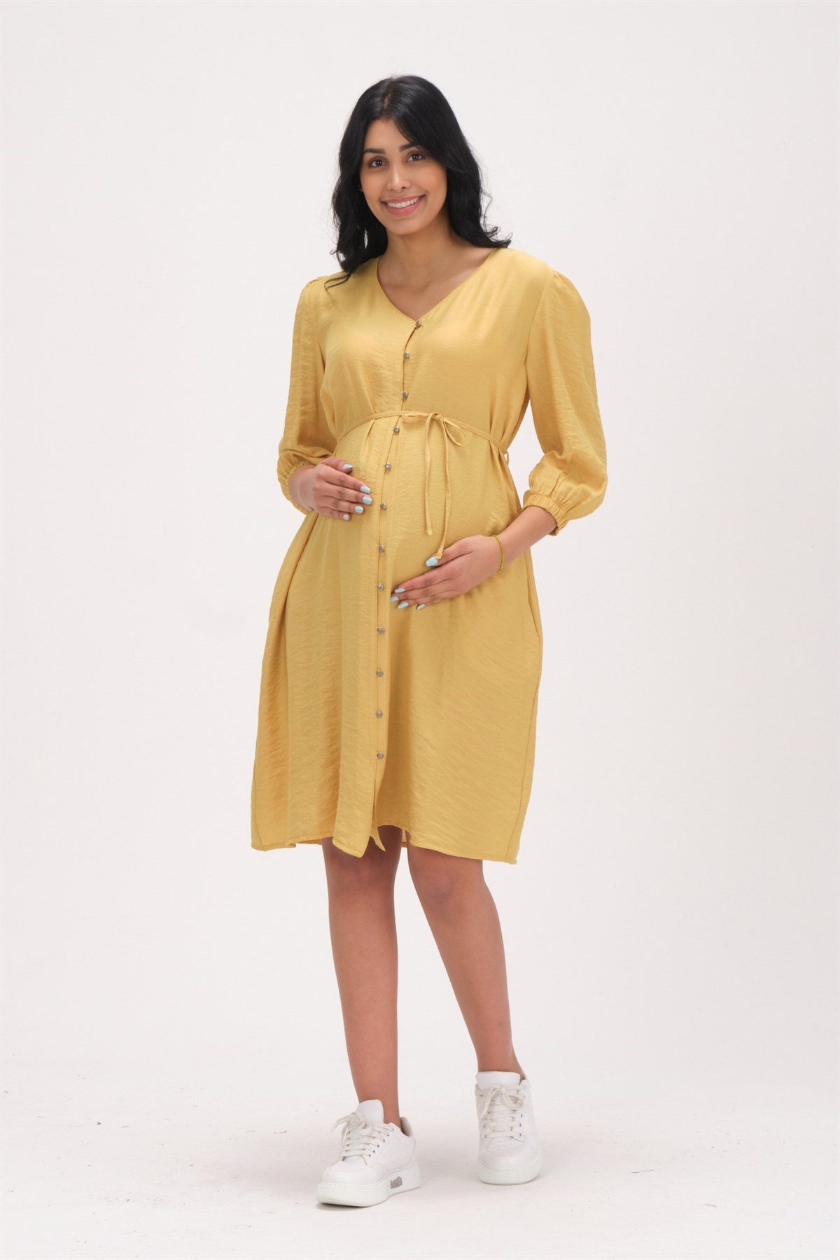Busa Maternity V Collar on the Siden with pockets Sleeveu Elastic Dress Mustard