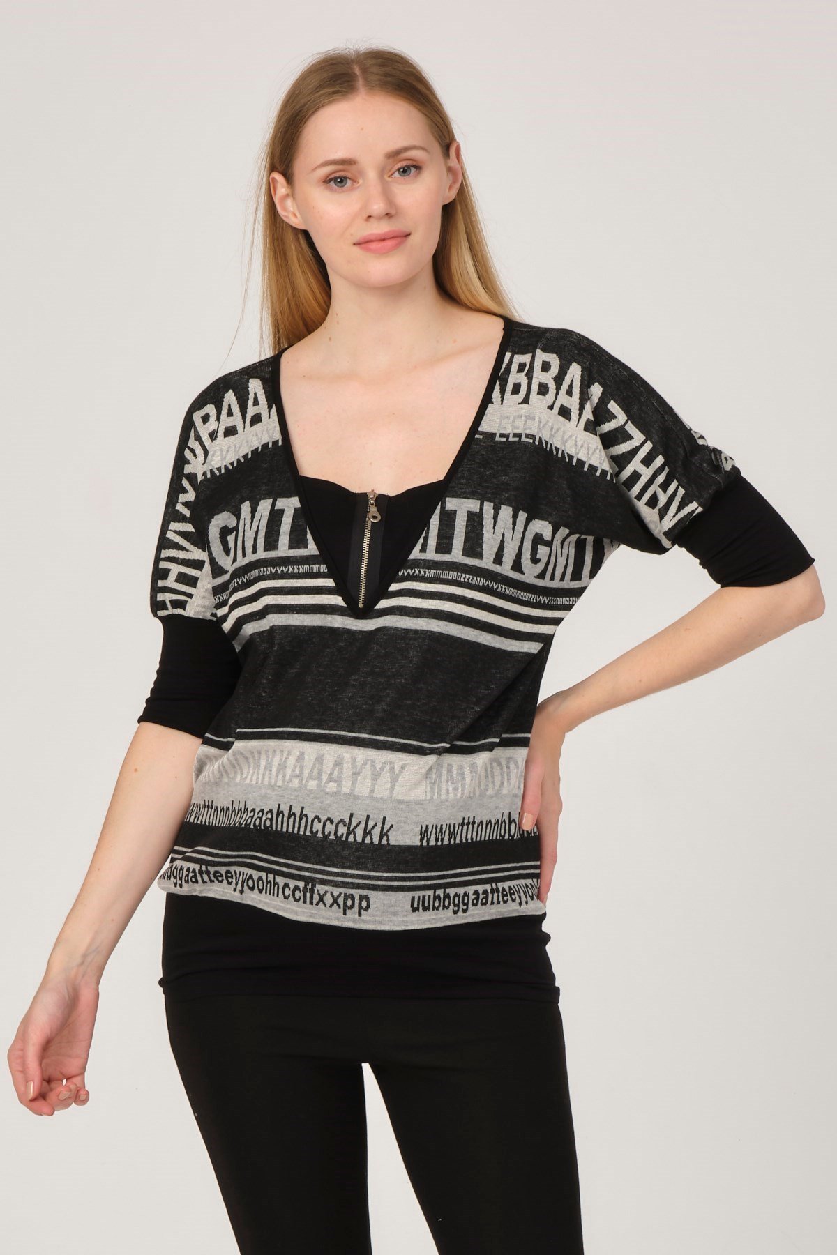 Busa Maternity Zippered Patterned Tunic Gray