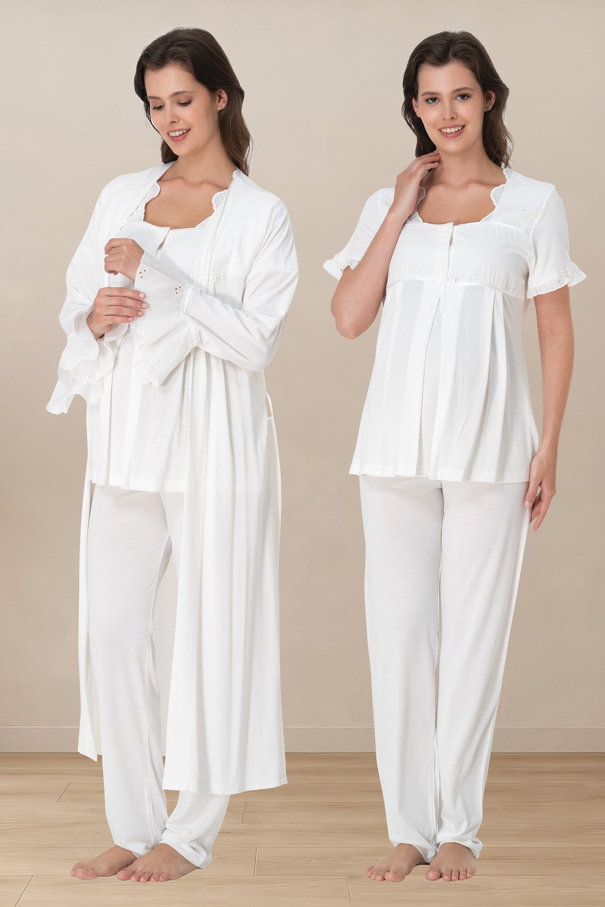 Effortt 7024 Ekru Fisto Dantelli Sabahlıklı Hamile Pijama Takımı