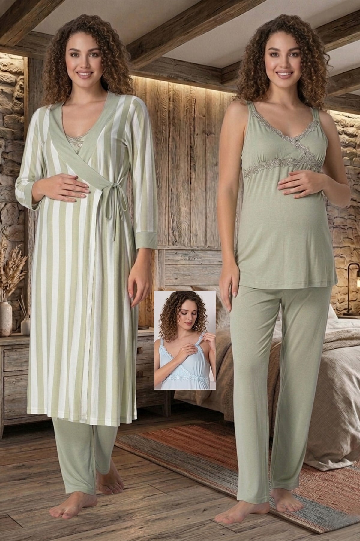 Yeşil Emzirme Özellikli Askılı Çizgi Sabahlıklı Lohusa Pijama Takımı 19034