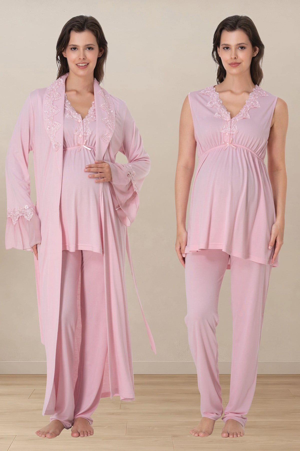 Effortt 5064 Pudra Pembe Sıfır Kol Dantelli Sabahlıklı Lohusa Pijama Takımı