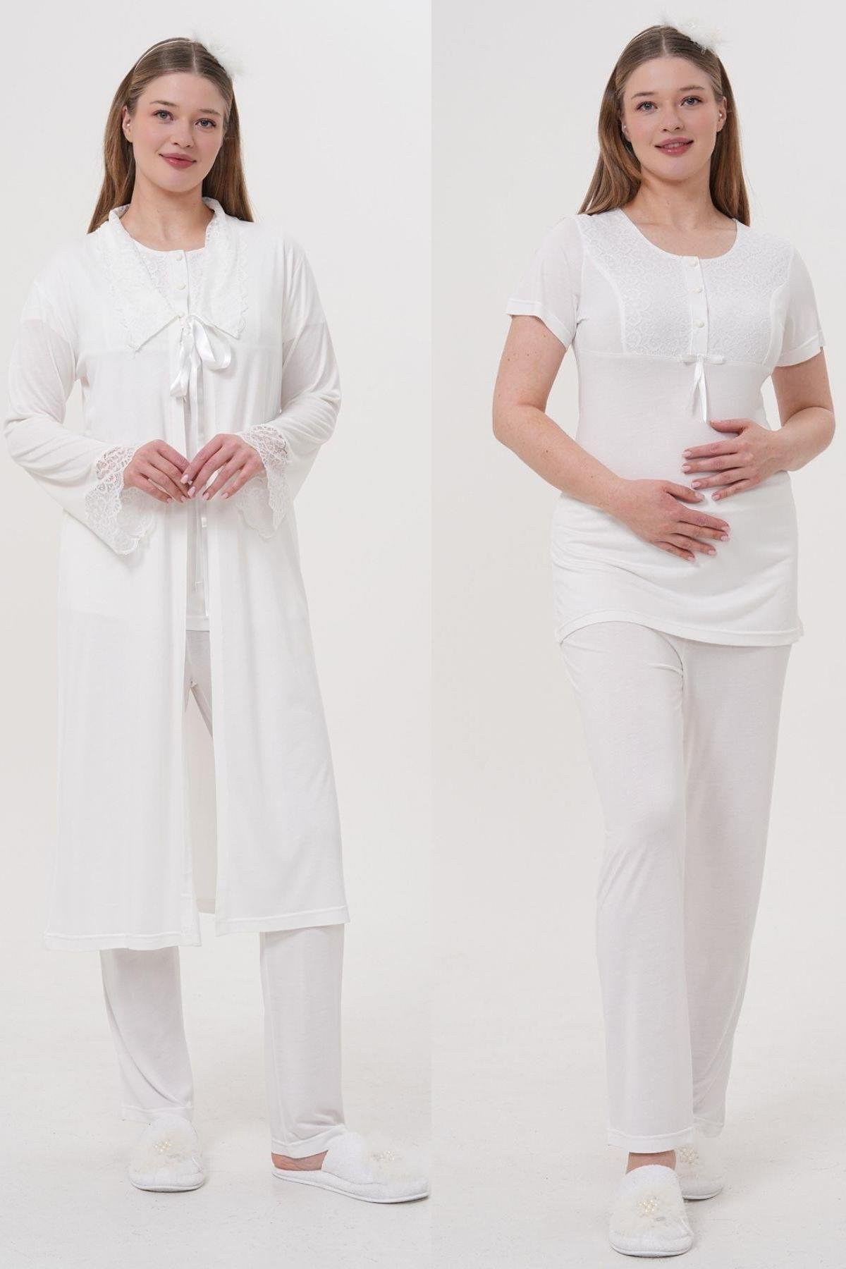 Mecit 1541 Ekru Uzun Sabahlıklı Lohusa Pijama Takımı