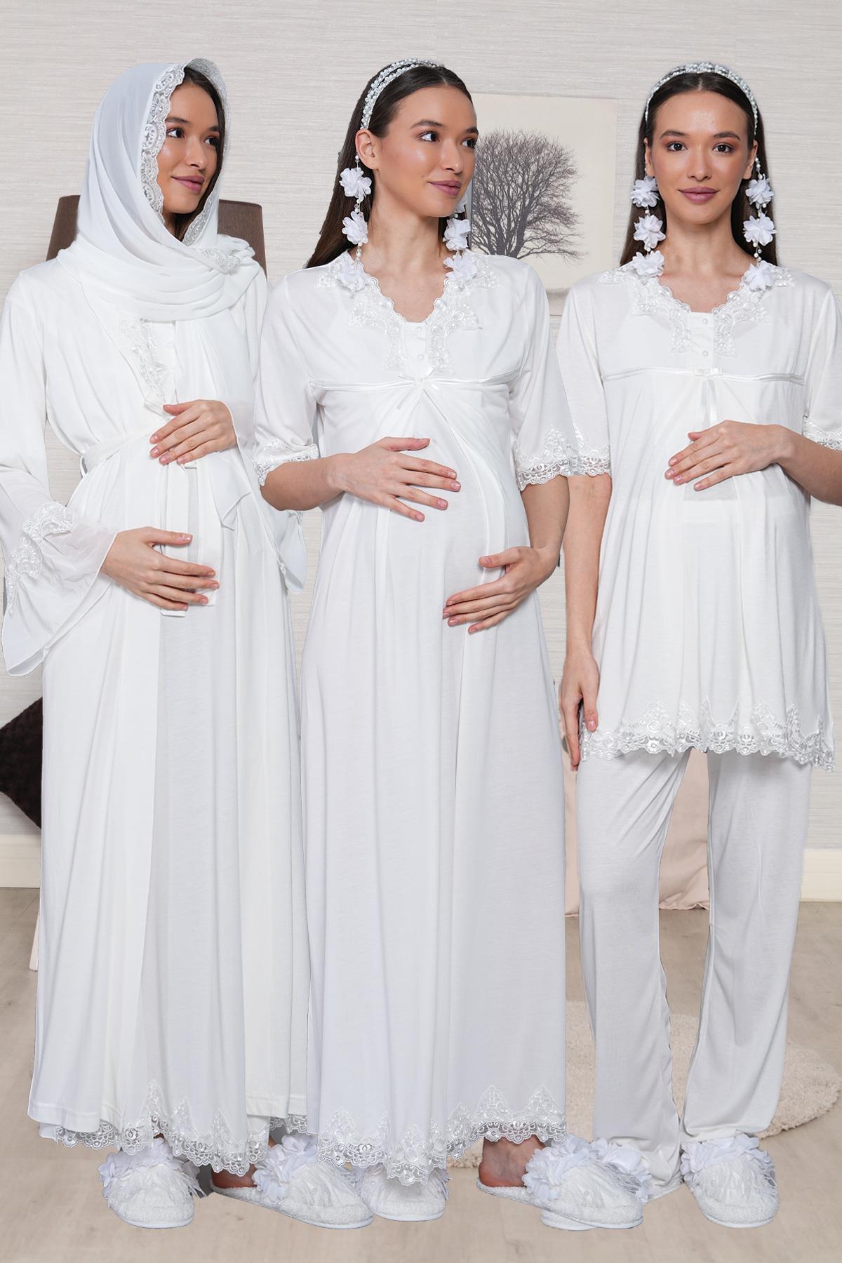 Tesettürlü Dantel Detaylı Ekru 7li Lohusa Seti