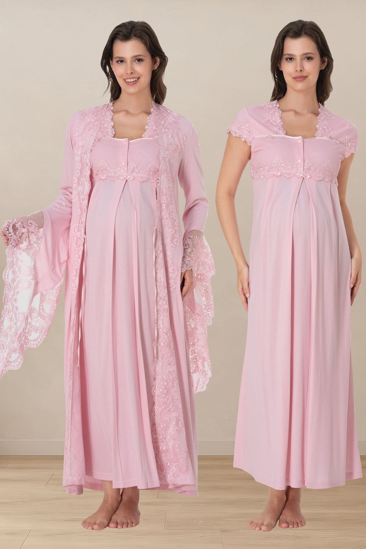 Effortt 3005 Pudra Prenses Dantelli Sabahlıklı Lohusa Pijama Takımı