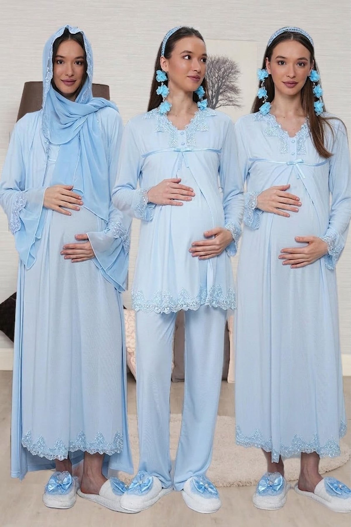 Tesettürlü Dantel Detaylı Uzun Kol Mavi Lohusa Seti