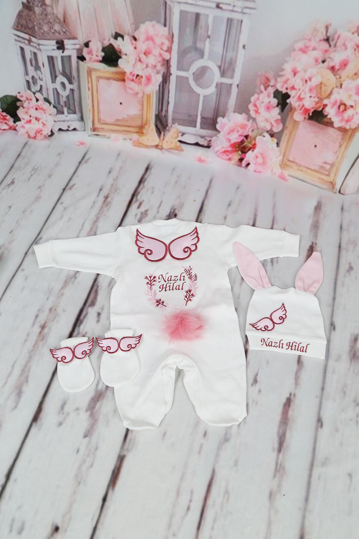 İsme Özel Astilbe Çiçek Nakışlı 3lü Hastane Çıkış Seti