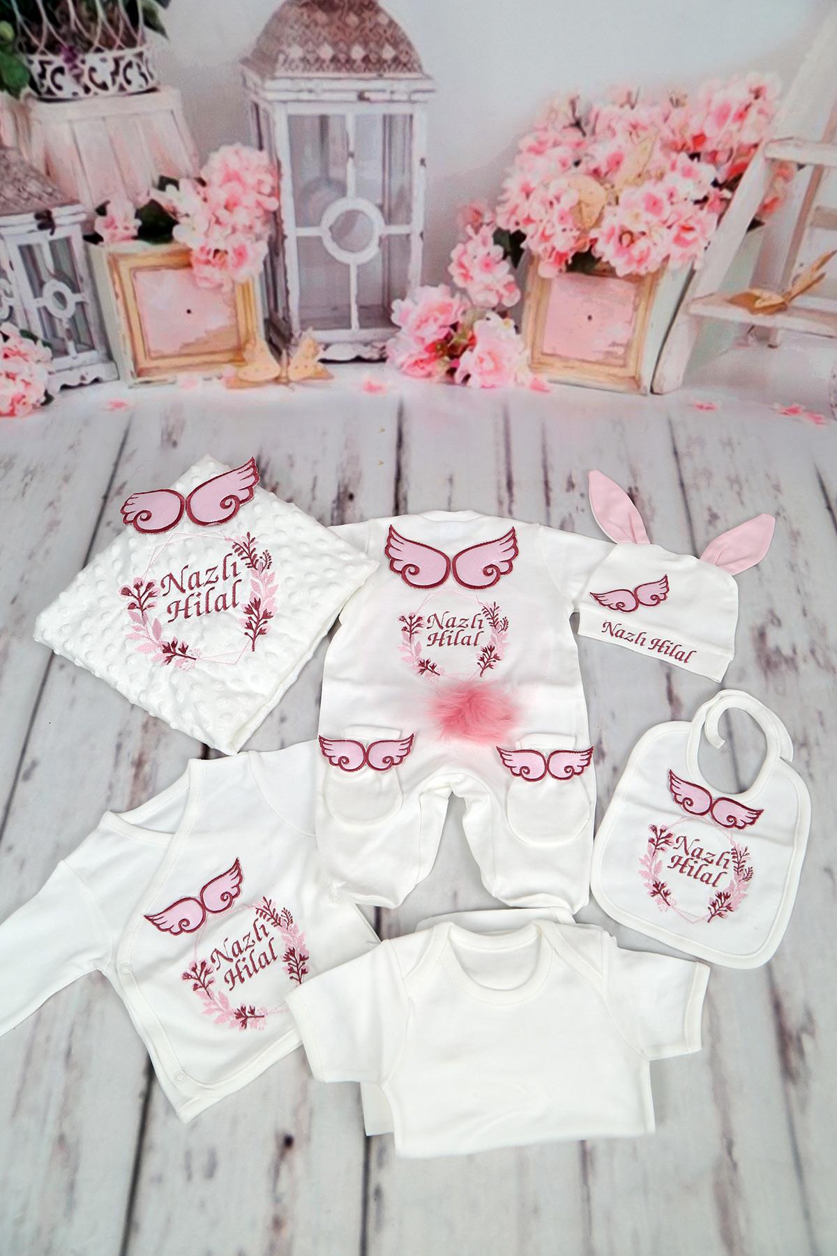 İsme Özel Astilbe Çiçek Nakışlı 10lu Hastane Çıkış Seti