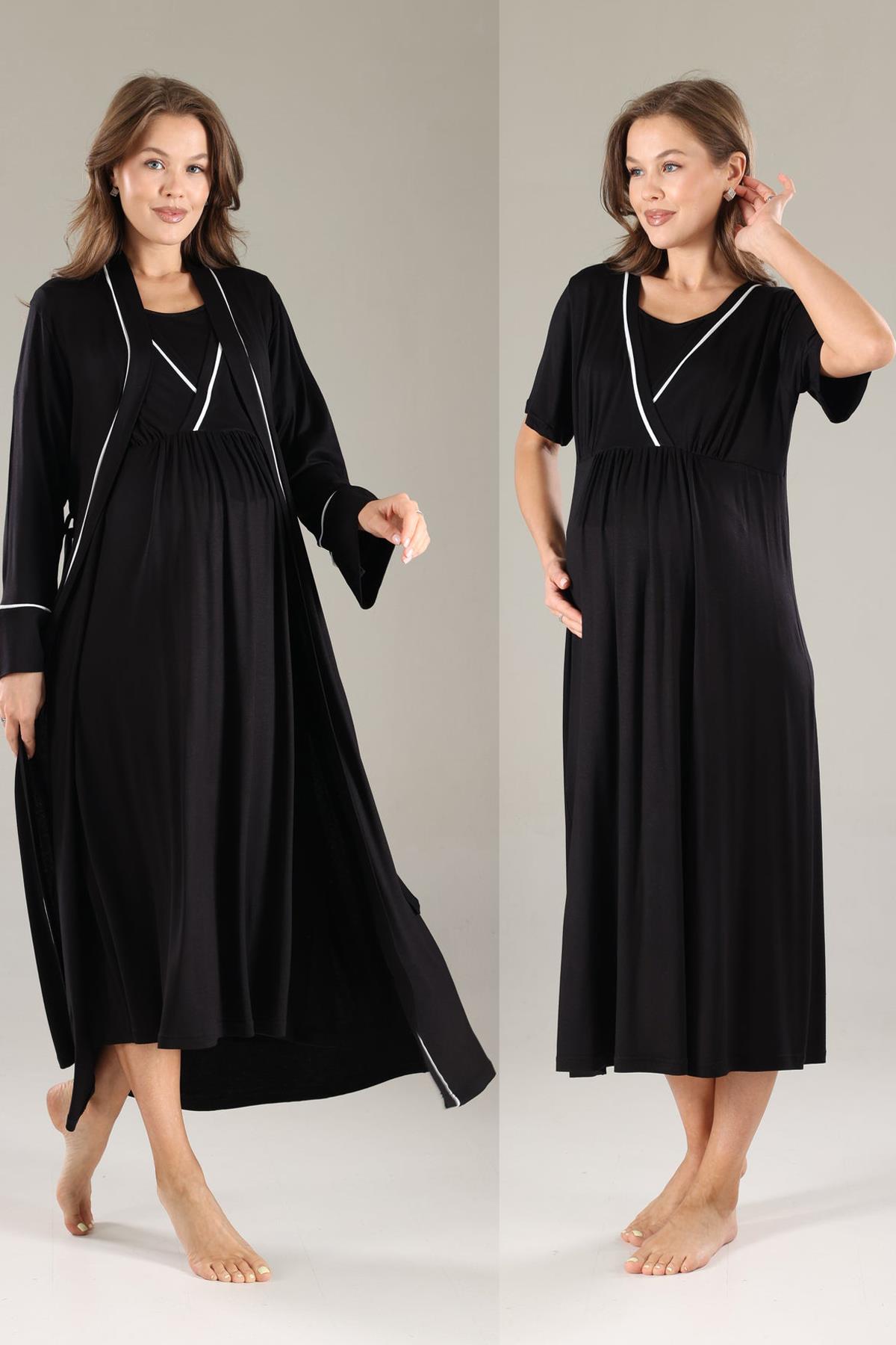 Rimel Life 809 Siyah Biyeli Kruvaze Lohusa Gecelik ve Sabahlıklı Takım