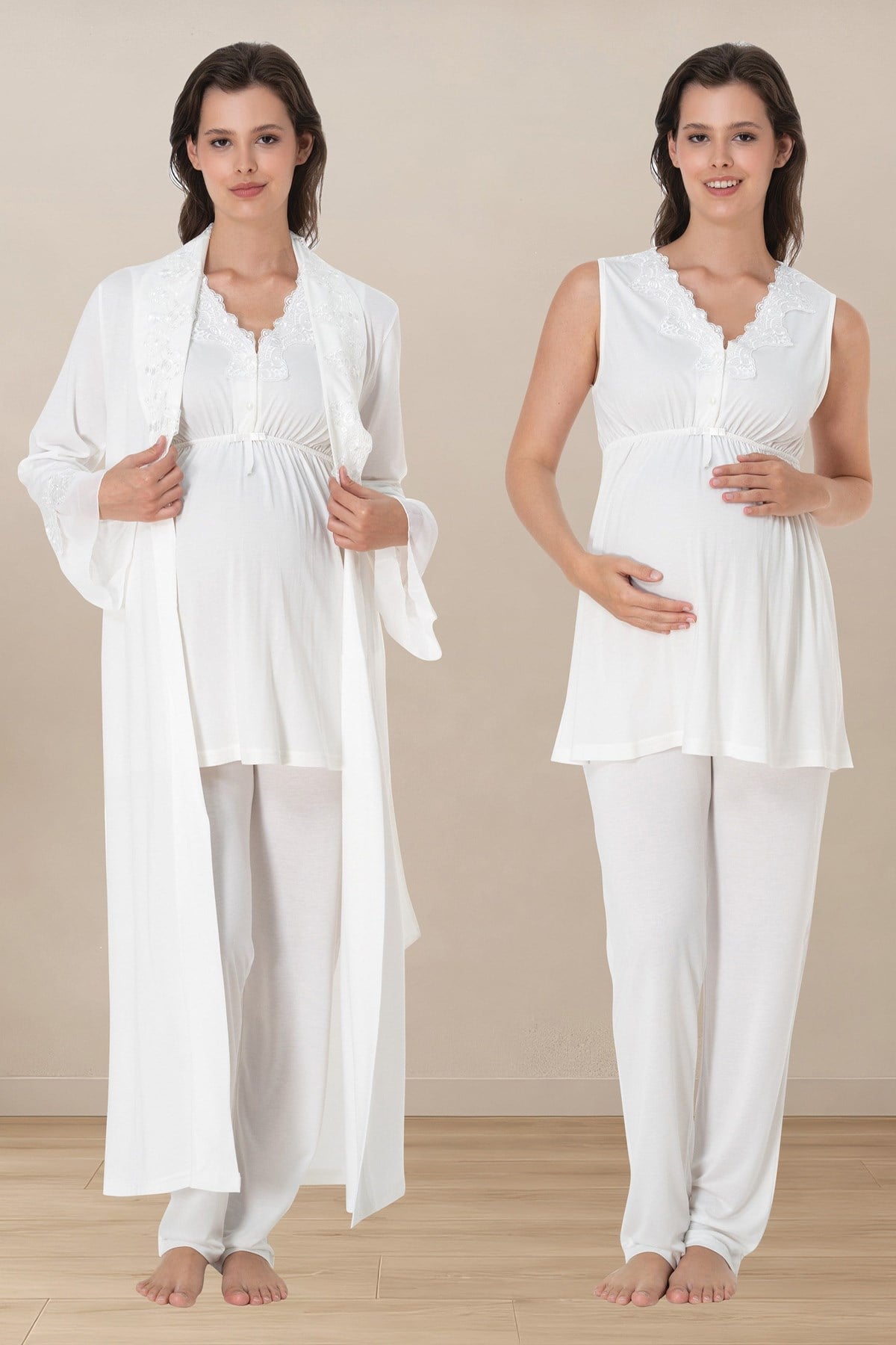 Effortt 5064 Ekru Sıfır Kol Dantelli Sabahlıklı Lohusa Pijama Takımı