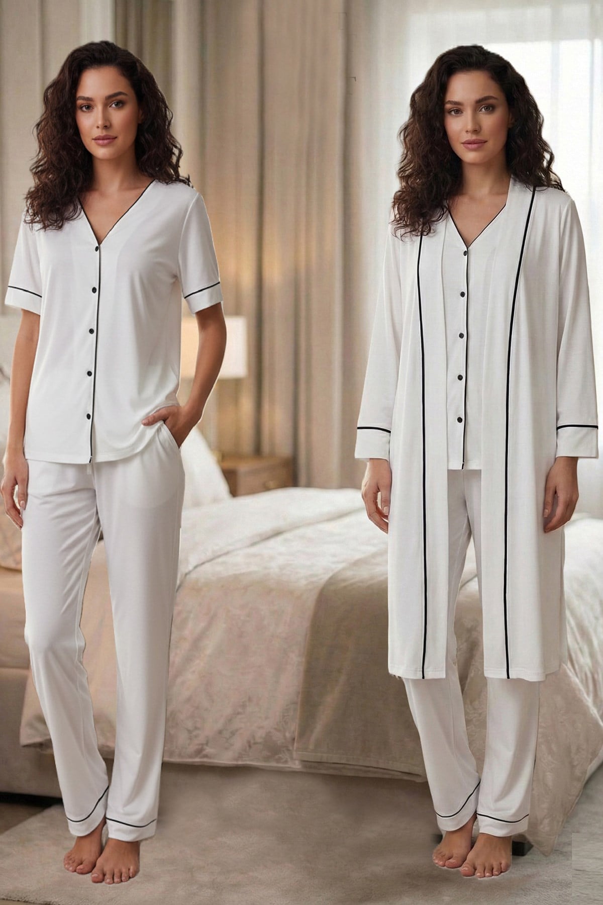 Effortt 3074 Ekru Biye Detaylı Sabahlıklı Lohusa Pijama Takımı