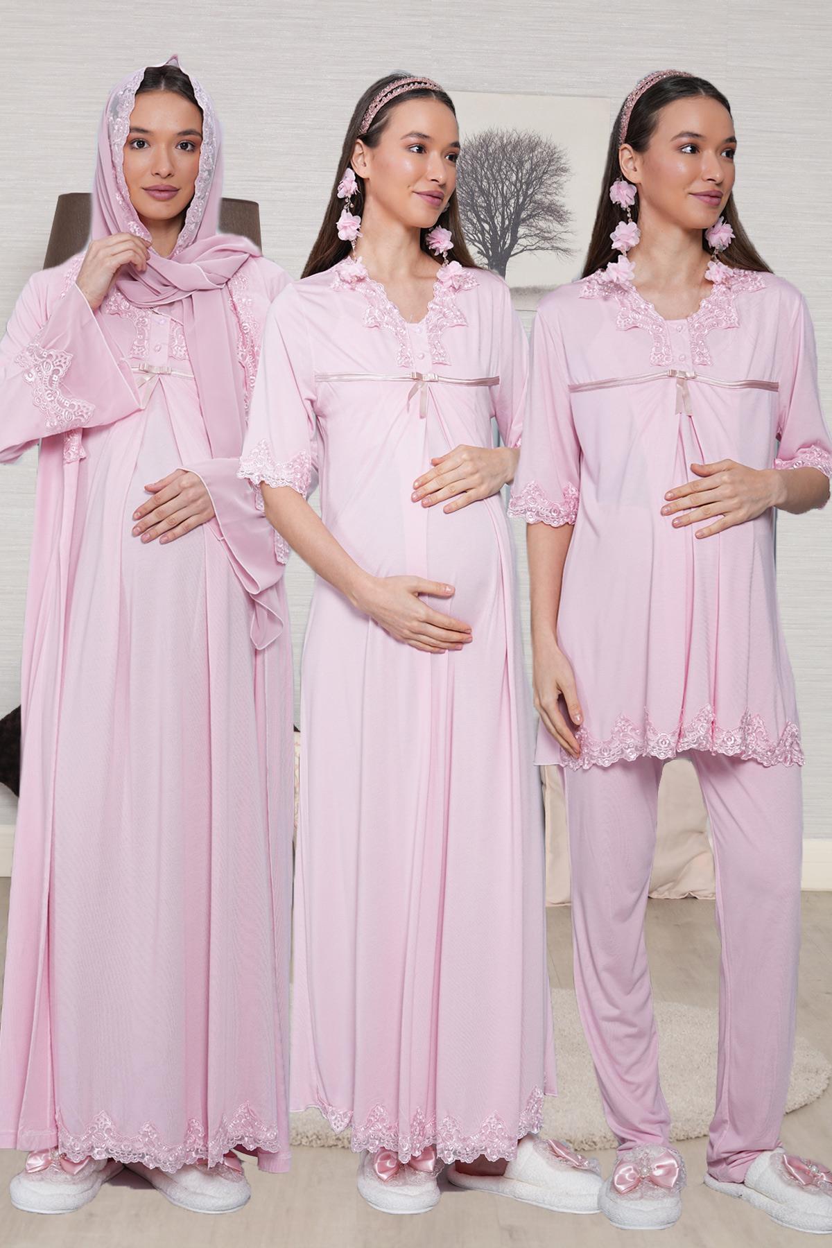 Tesettürlü Dantel Detaylı Pudra Pembe 7li Lohusa Seti
