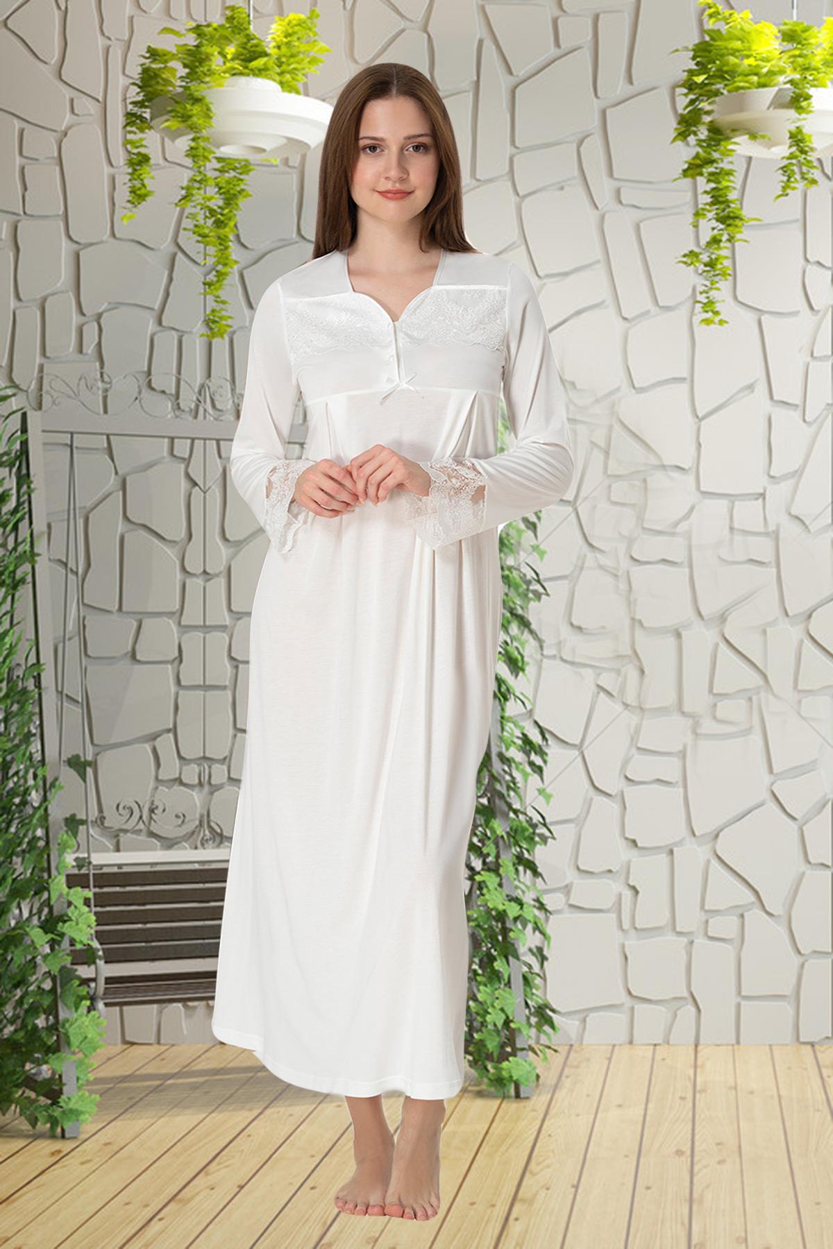 Effortt 4083 Ekru Dantelli Uzun Kol  Lohusa Gecelik