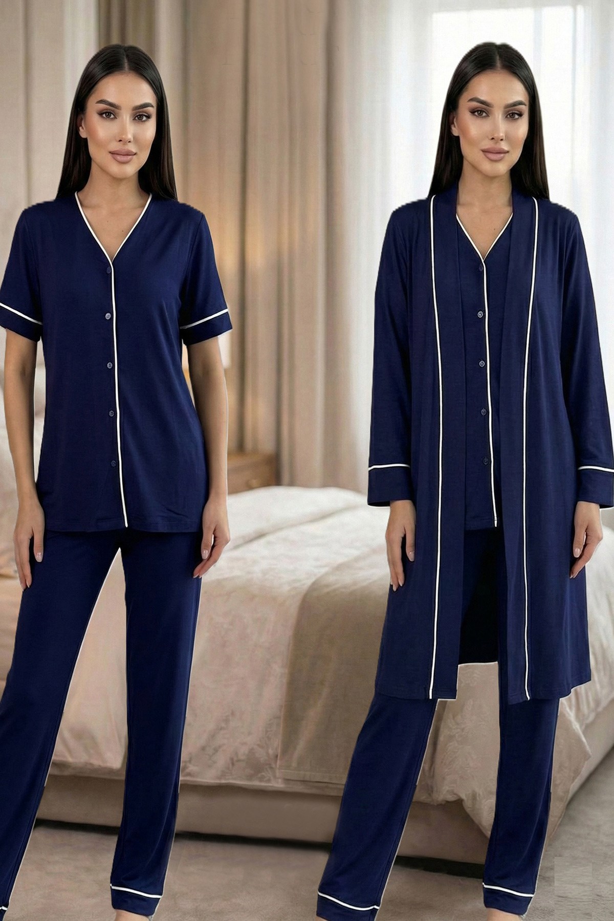 Effortt 3074 Lacivert Biye Detaylı Sabahlıklı Lohusa Pijama Takımı