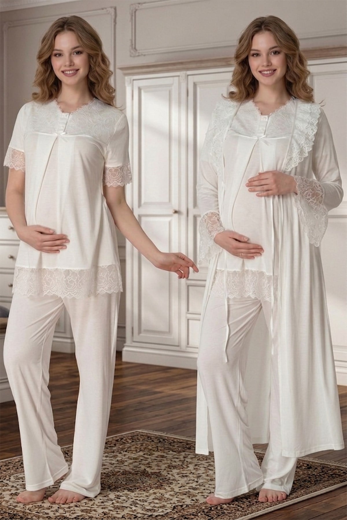 Kolları Güpürlü Pamuklu Ekru Sabahlıklı Lohusa Pijama Takımı