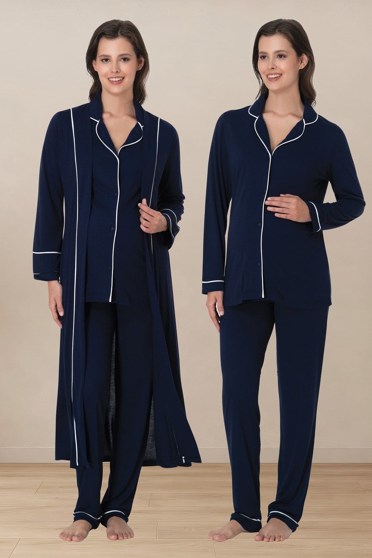 Effortt 8098 Lacivert Biye Detaylı Düğmeli Sabahlıklı Lohusa Pijama Takımı