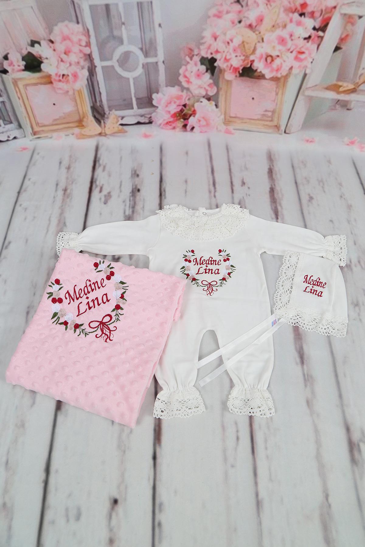 İsme Özel Güpür Yaka Dantel Çiçek Nakışlı Hastane Çıkışı 3lü Set