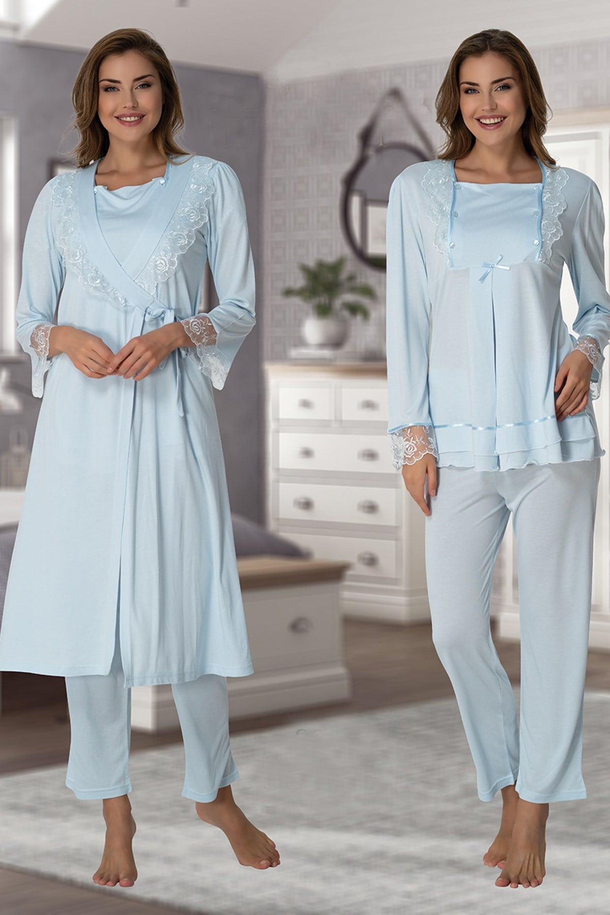 Effortt 2018 Mavi Kolay Emzirme Özellikli Sabahlıklı Lohusa Pijama Takımı