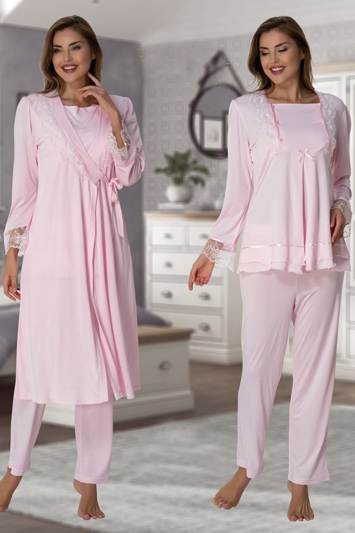 Effortt 2018 Pembe Kolay Emzirme Özellikli Sabahlıklı Lohusa Pijama Takımı