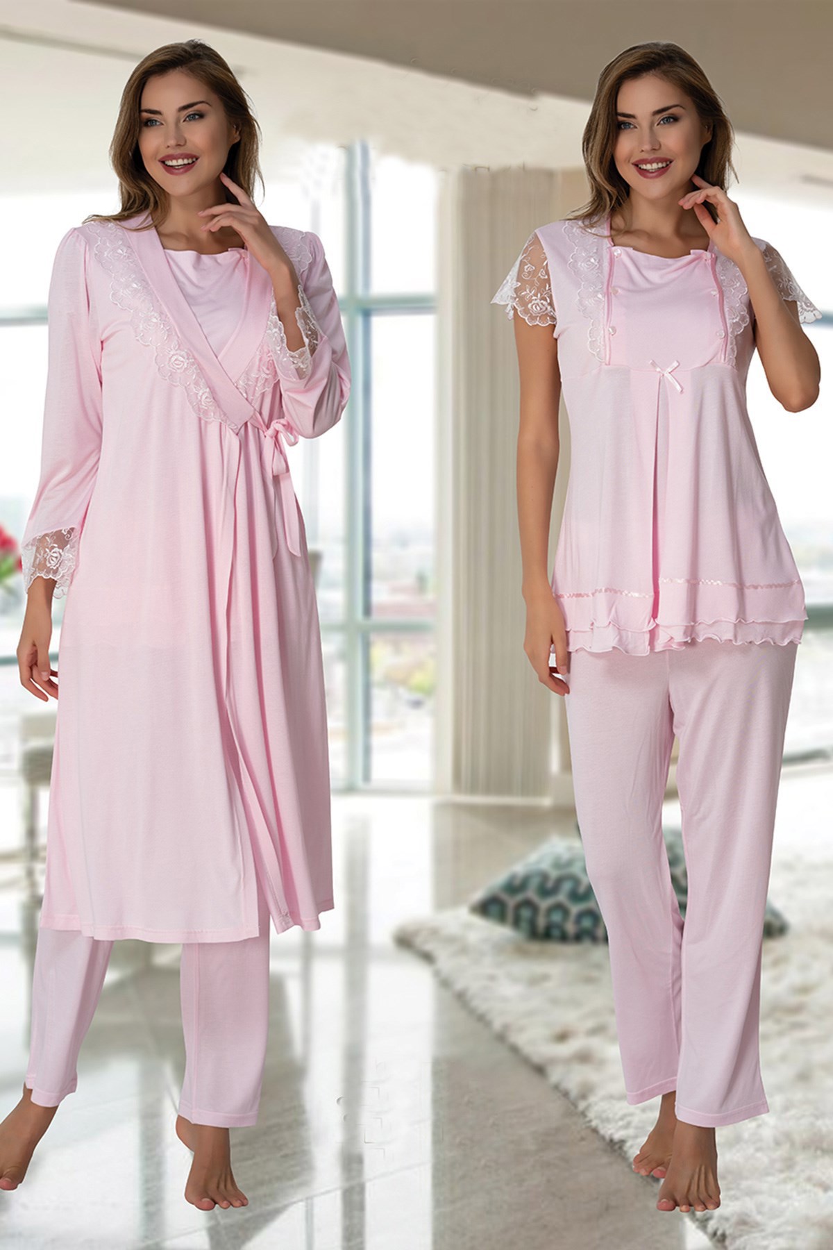 Effortt 2054 Pembe Dantel Detaylı Sabahlıklı Lohusa Pijama Takımı