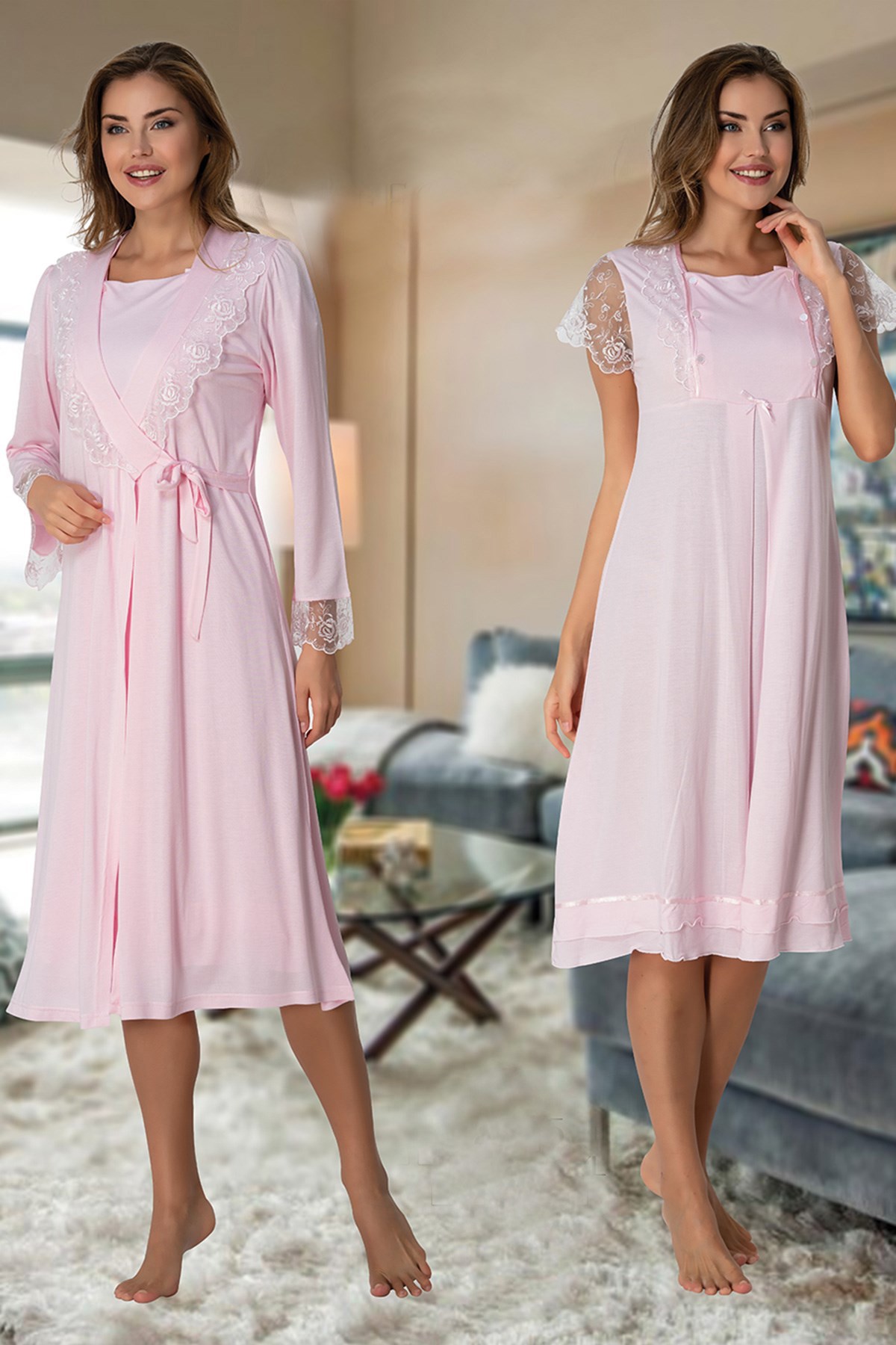 Effortt 2055 Pembe Dantel Sabahlıklı Lohusa Gecelik Takımı
