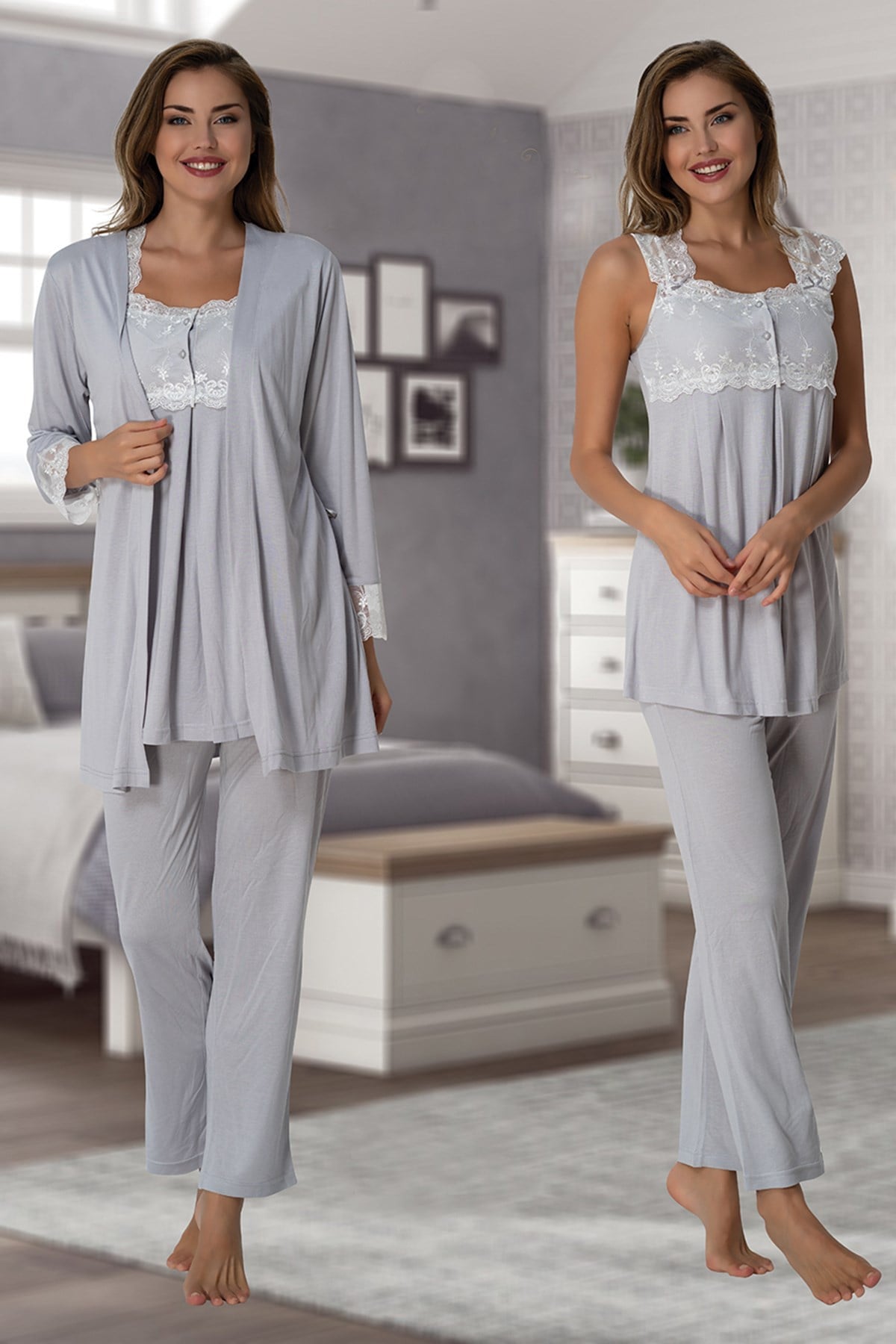 Effortt 2301 Gri Sabahlıklı Lohusa Pijama Takımı