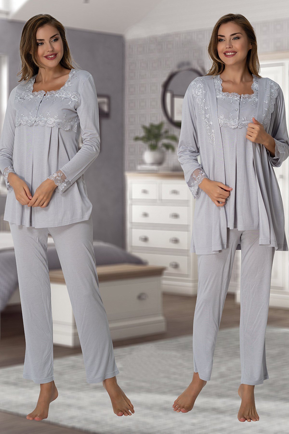Effortt 2401 Gri Sabahlıklı Lohusa Pijama Takımı