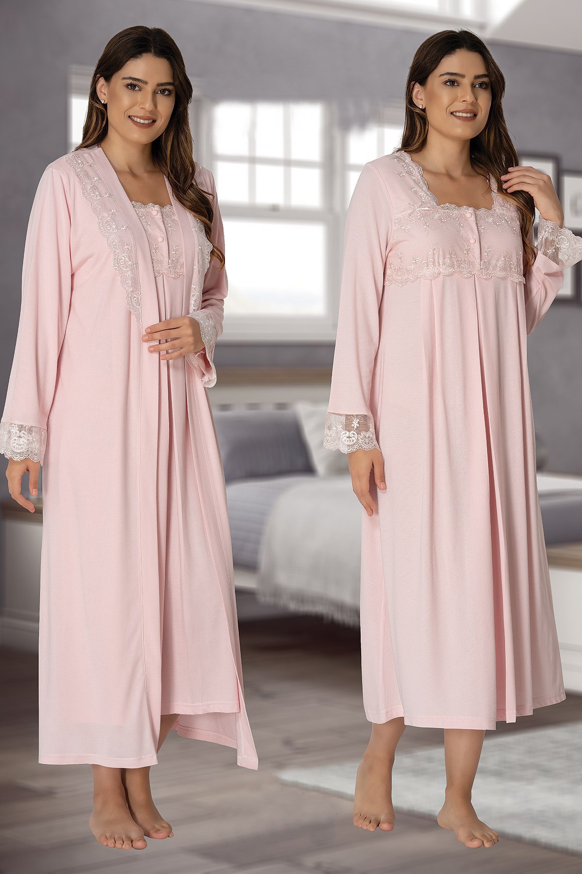 Effortt 2402 Pembe Sabahlıklı Lohusa Gecelik Takımı