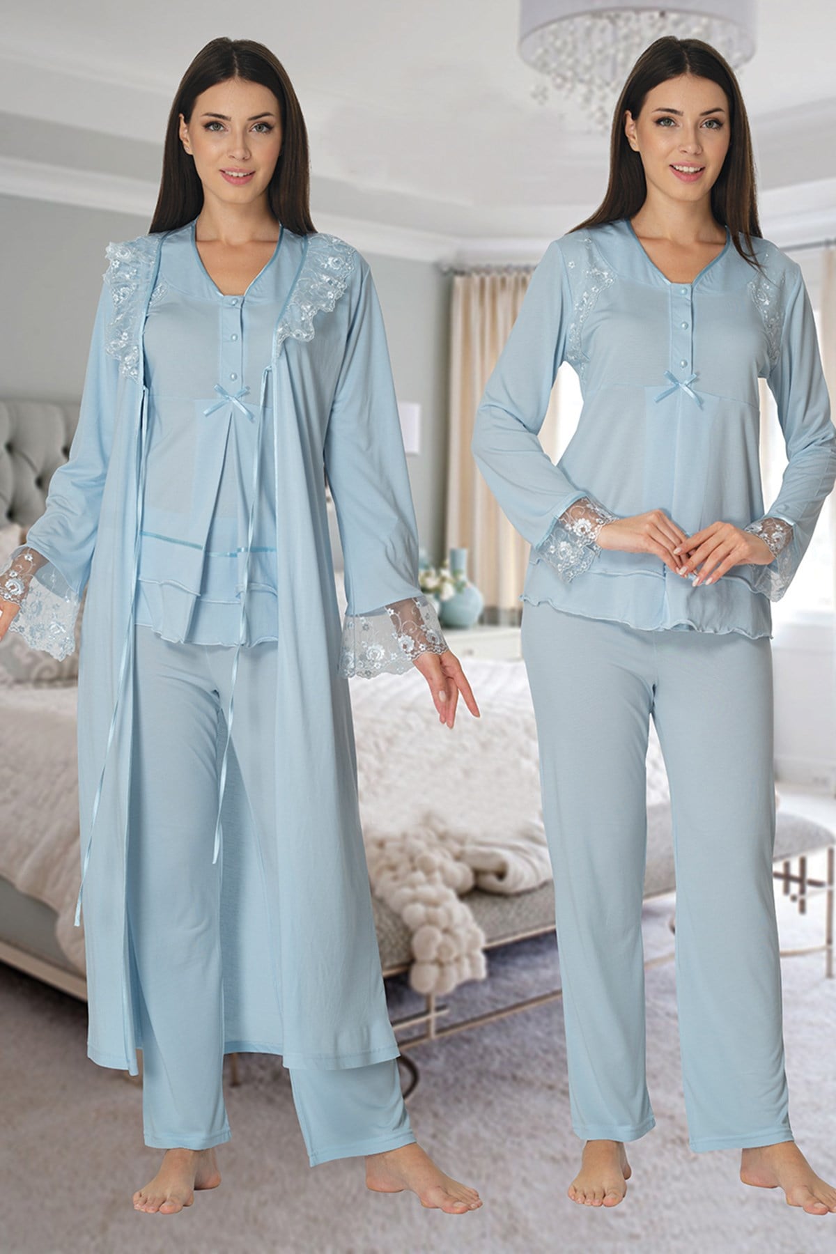 Effortt 2424 Mavi Uzun Dantel Sabahlıklı Lohusa Pijama