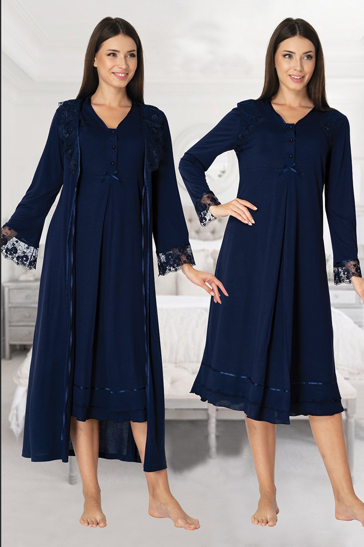Effortt 2425 Lacivert Uzun Dantel Sabahlıklı Lohusa Gecelik