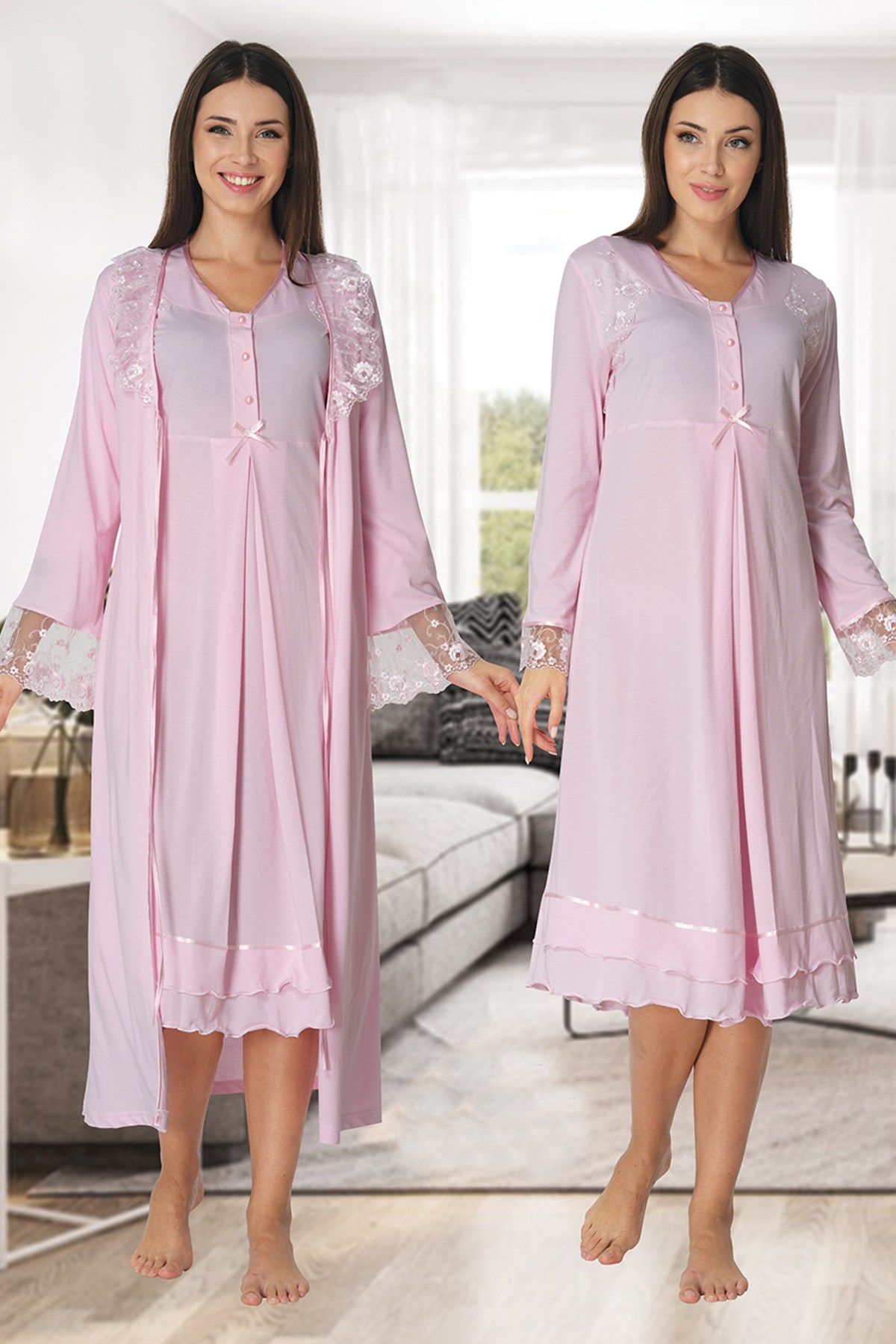 Effortt 2425 Pembe Uzun Dantel Sabahlıklı Lohusa Gecelik