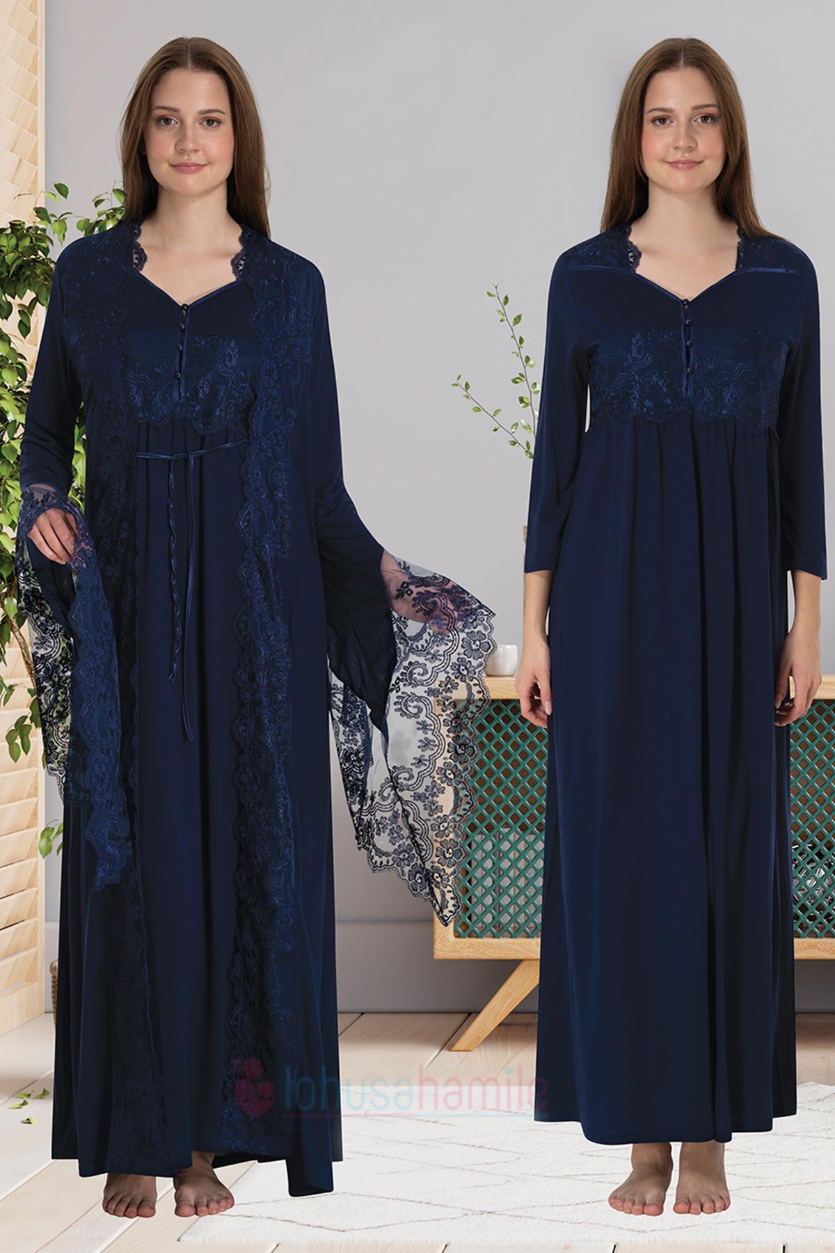 Effortt 3010 Lacivert Özel Tasarım Sabahlıklı Lohusa Gecelik Takımı