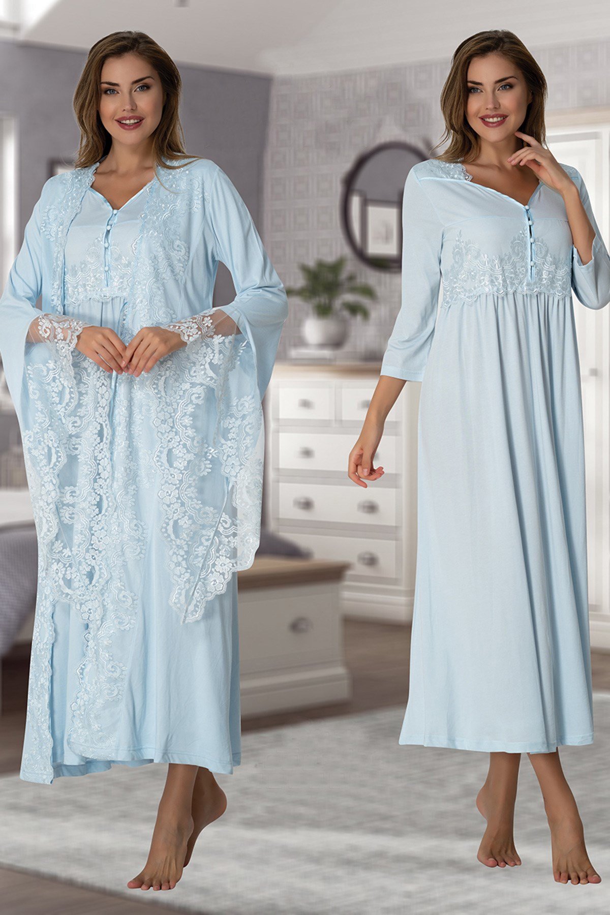 Effortt 3010 Mavi Özel Tasarım Sabahlıklı Lohusa Gecelik Takımı