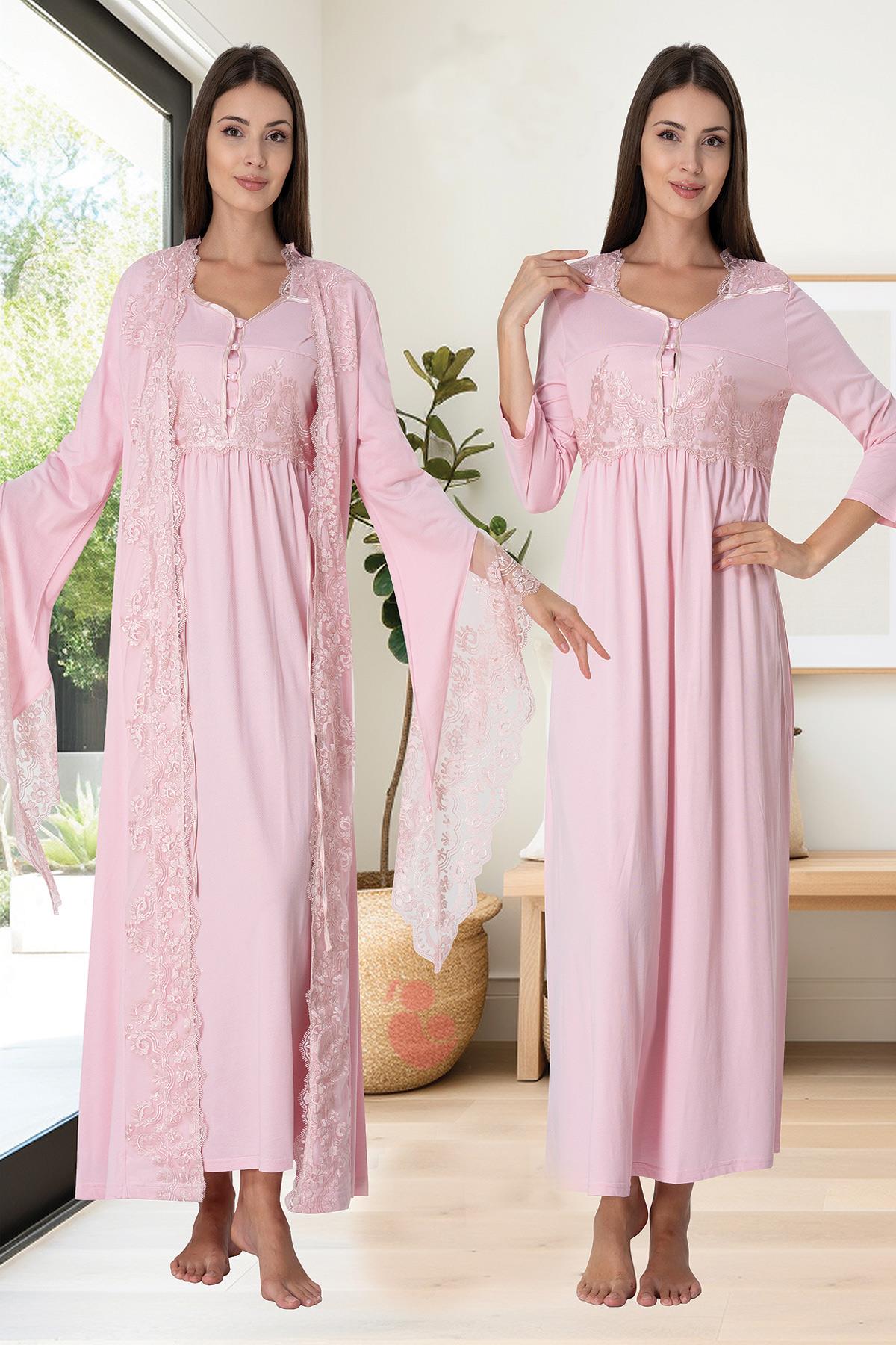 Effortt 3010 Pembe Özel Tasarım Sabahlıklı Lohusa Gecelik Takımı