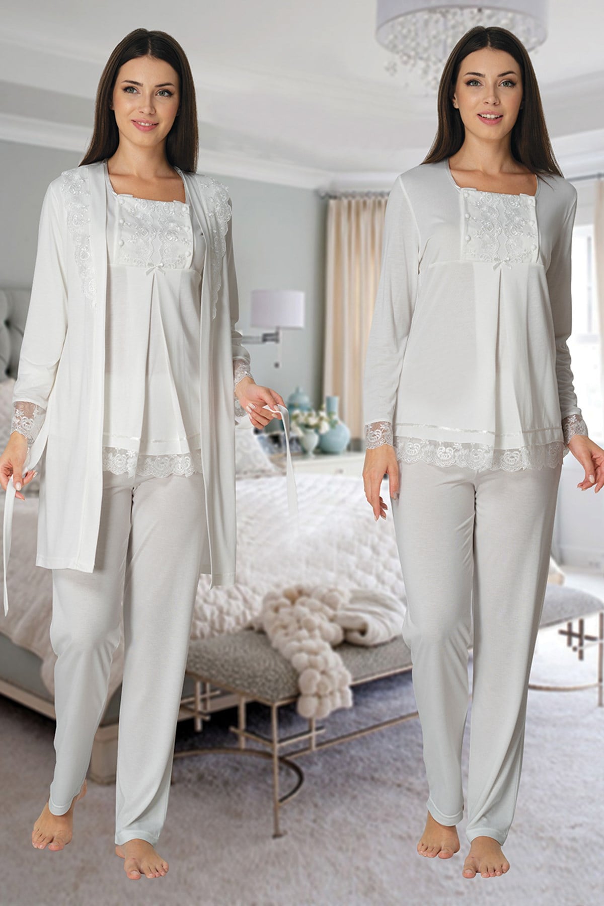 Effortt 3044 Ekru Dantel Sabahlıklı Lohusa Pijama