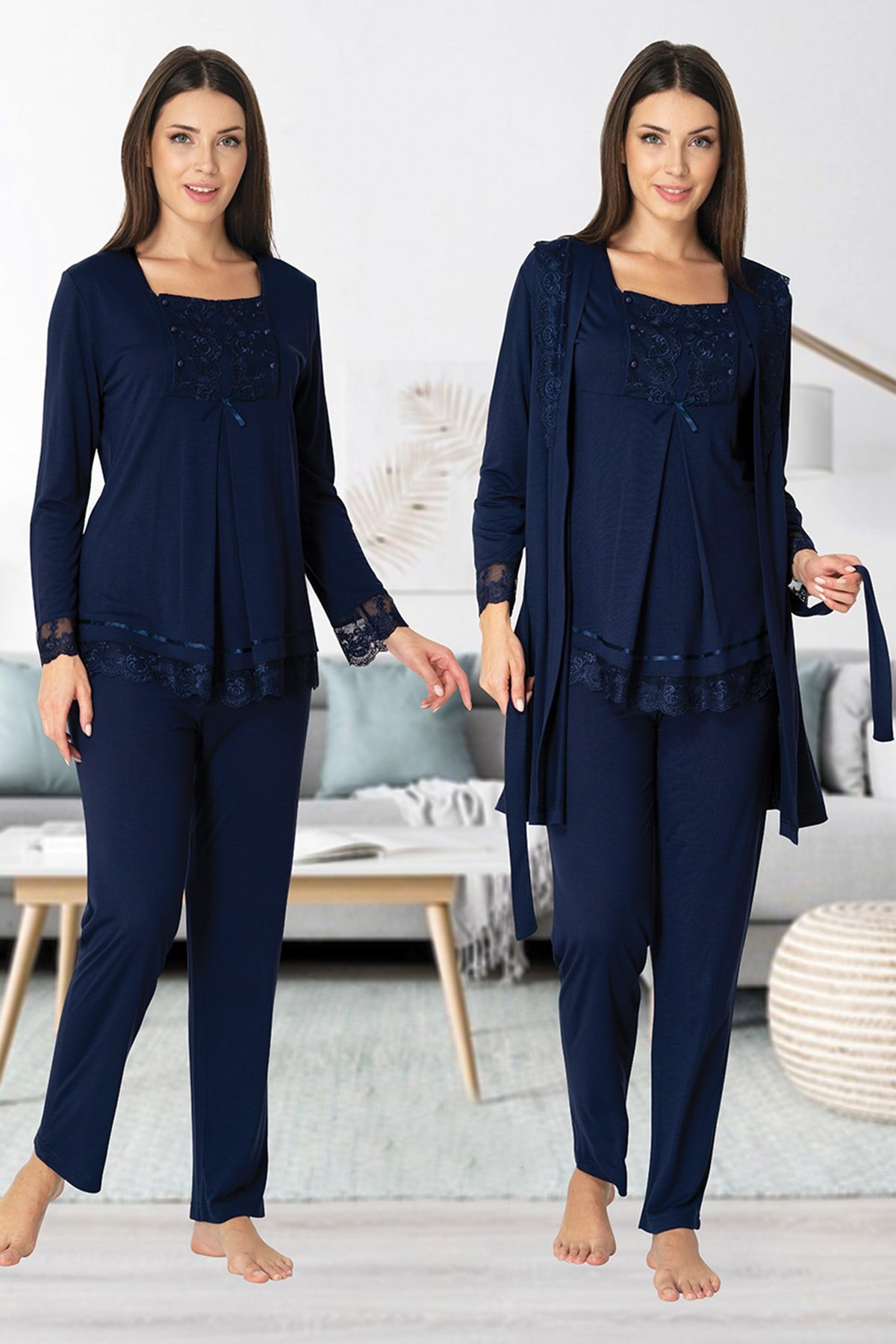 Effortt 3044 Lacivert Dantel Sabahlıklı Lohusa Pijama