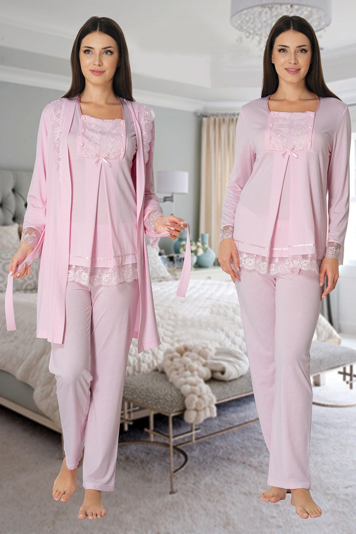 Effortt 3044 Pembe Dantel Sabahlıklı Lohusa Pijama