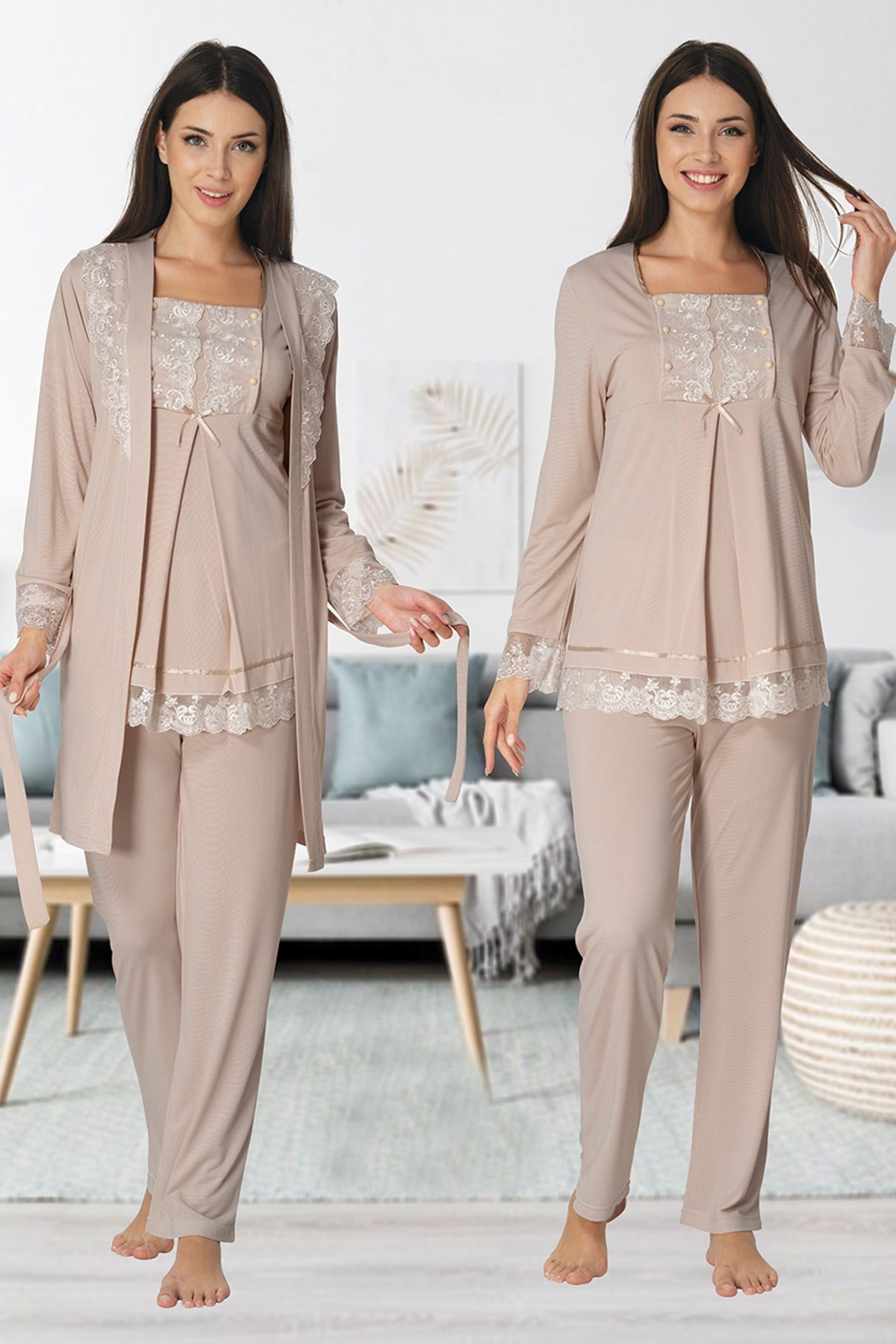 Effortt 3044 Sütlü Kahve Dantel Sabahlıklı Lohusa Pijama