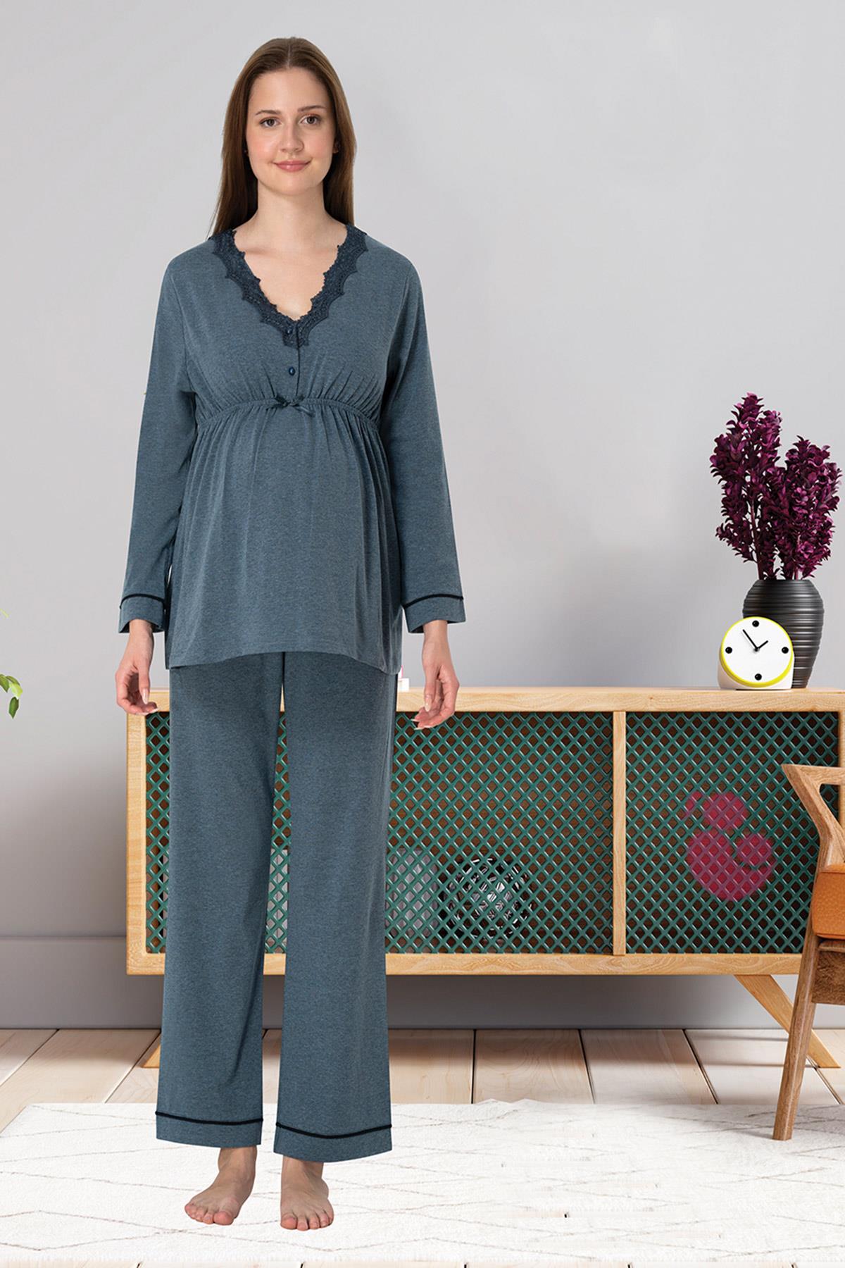 Effortt 3052 Antrasit Dantel Detaylı Lohusa Pijama Takımı