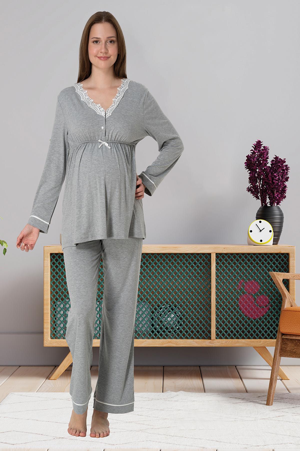 Effortt 3052 Gri Dantel Detaylı Lohusa Pijama Takımı