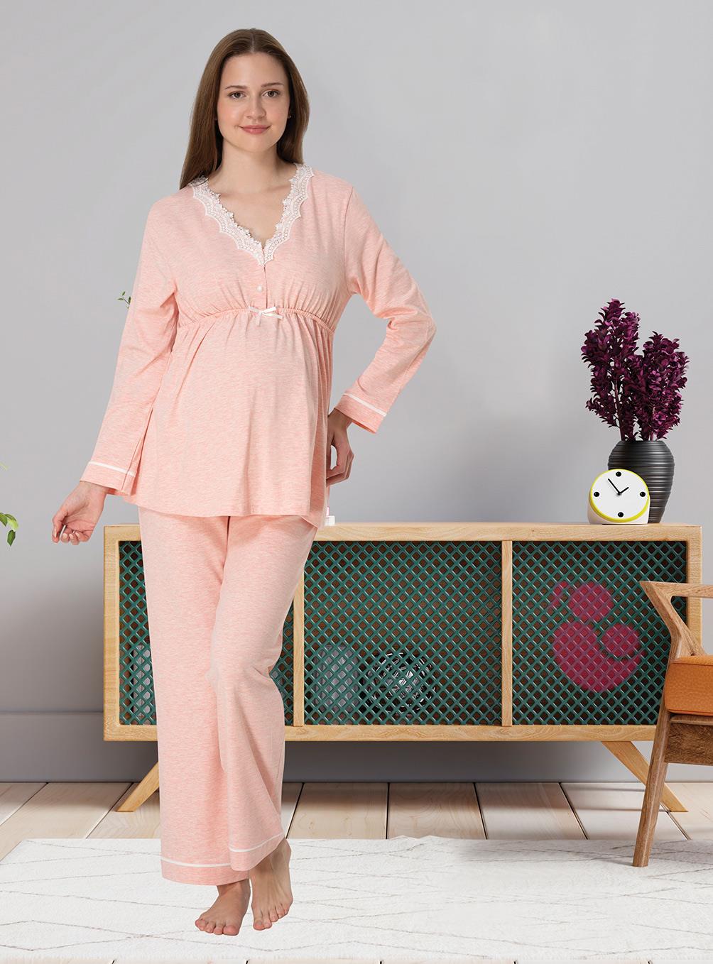 Effortt 3052 Somon Melanj Dantel Detaylı Lohusa Pijama Takımı