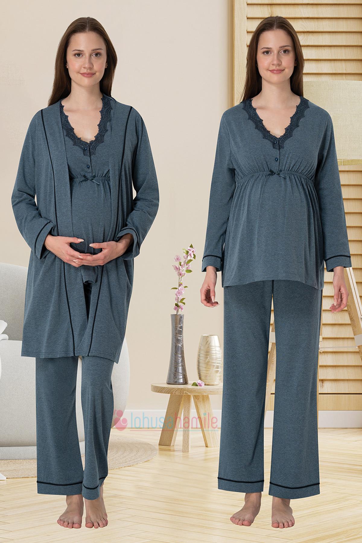 Effortt 3054 Füme Dantel Detaylı Sabahlıklı Lohusa Pijama Takımı