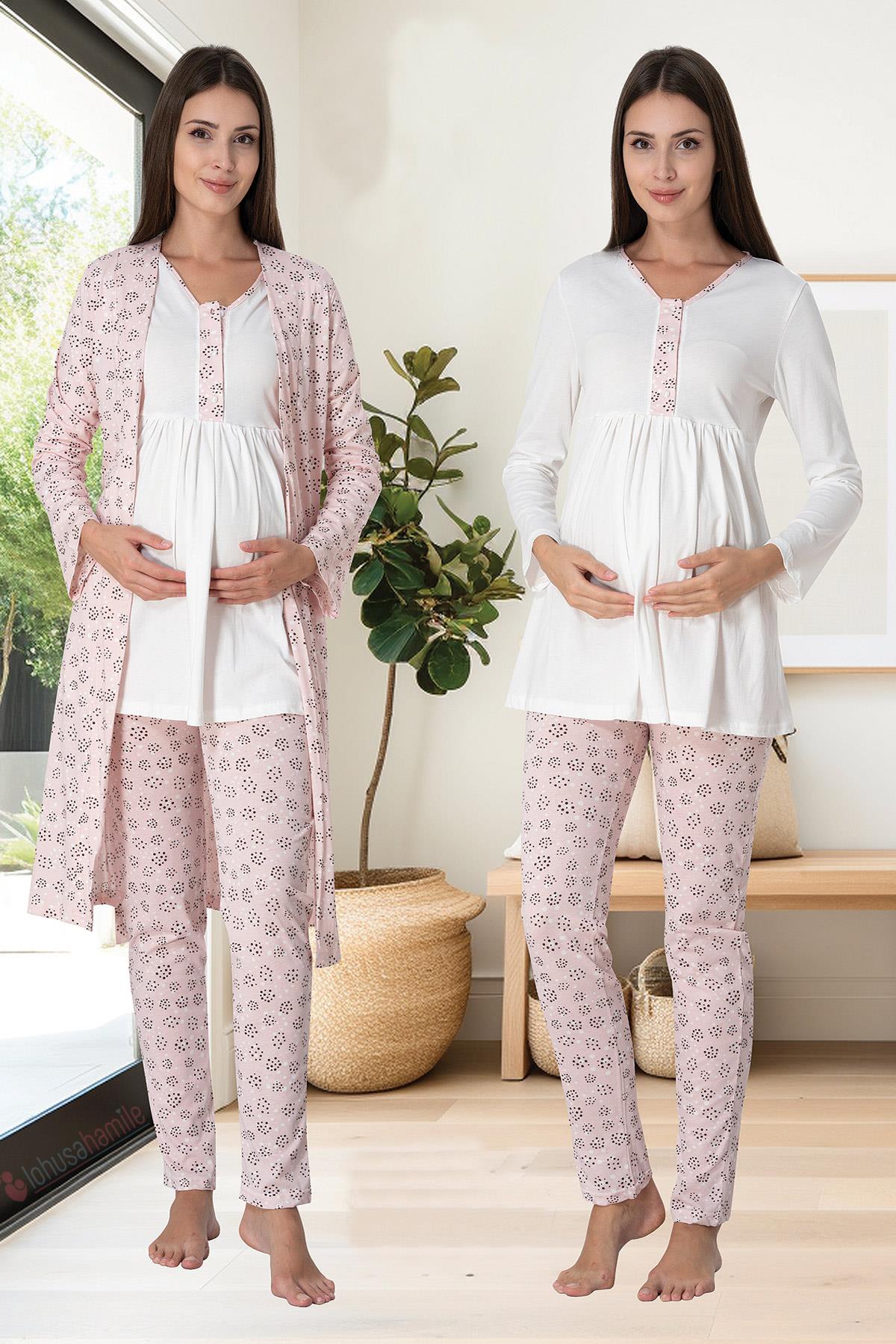 Effortt 3064 Pudra Desen Sabahlıklı Lohusa Pijama Takımı