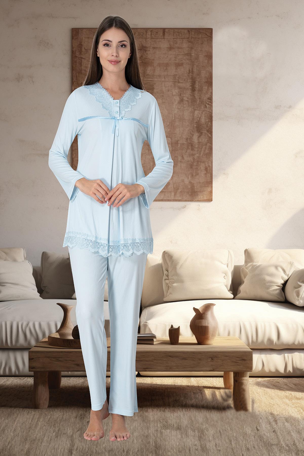 Effortt 4032 Mavi Gizli Emzirme Özellikli Lohusa Pijama Takımı