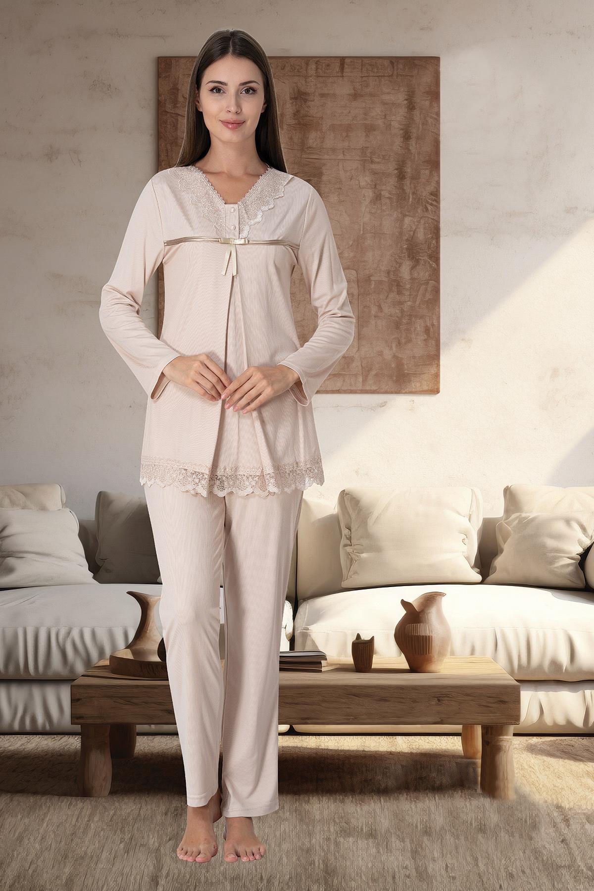 Effortt 4032 Sütlü Kahve Gizli Emzirme Cepli Lohusa Pijama Takımı