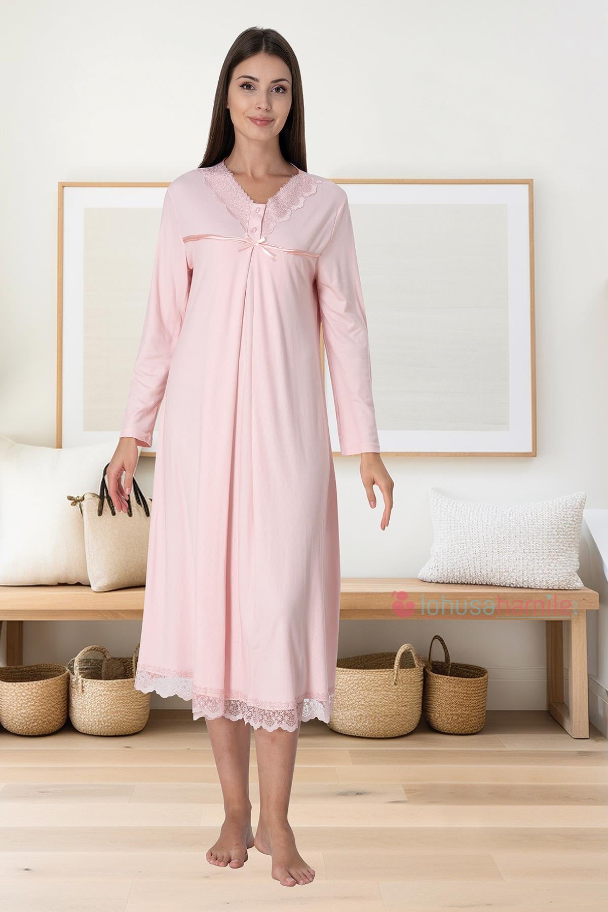 Effortt 4033 Pudra Pembe Gizli Emzirme Cepli Lohusa Gecelik
